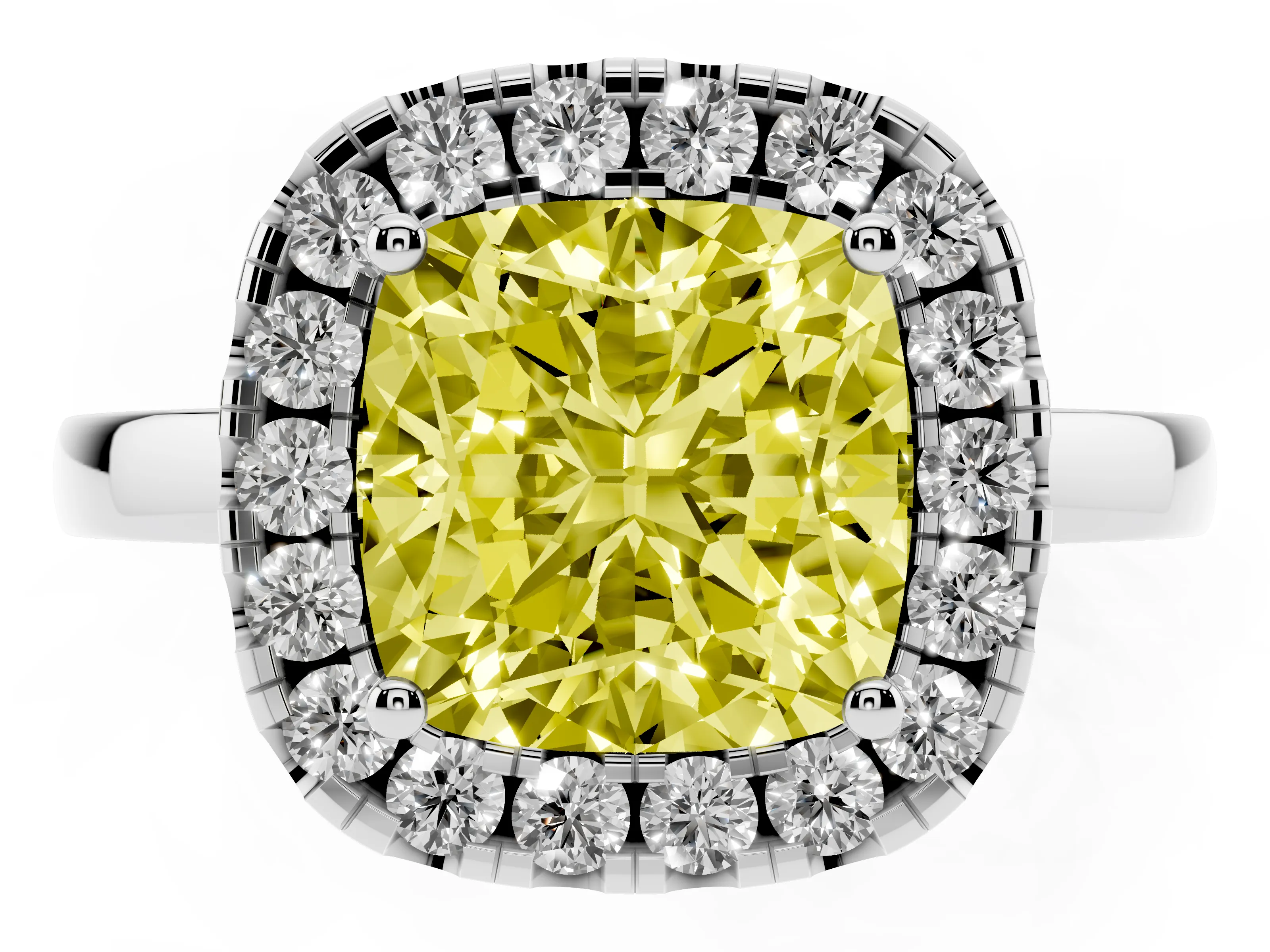 Fancy Yellow Cushion Cut Diamond Halo Solitaire Ring Set in White gold with Pavé Band and Prong Setting