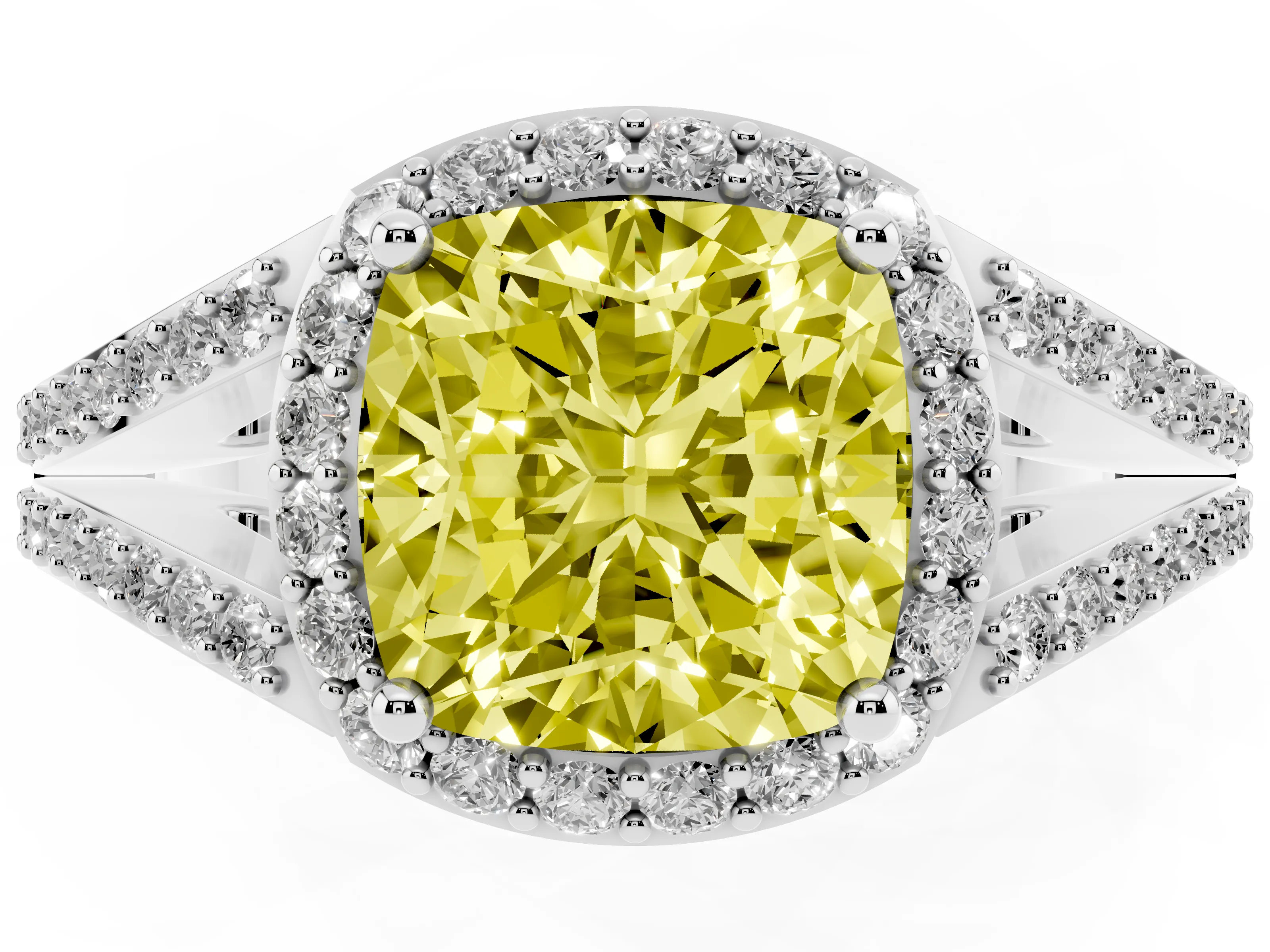 Fancy Yellow Cushion Cut Diamond Halo Split Shank Ring Set in Silver with Accent Stones and Prong Setting