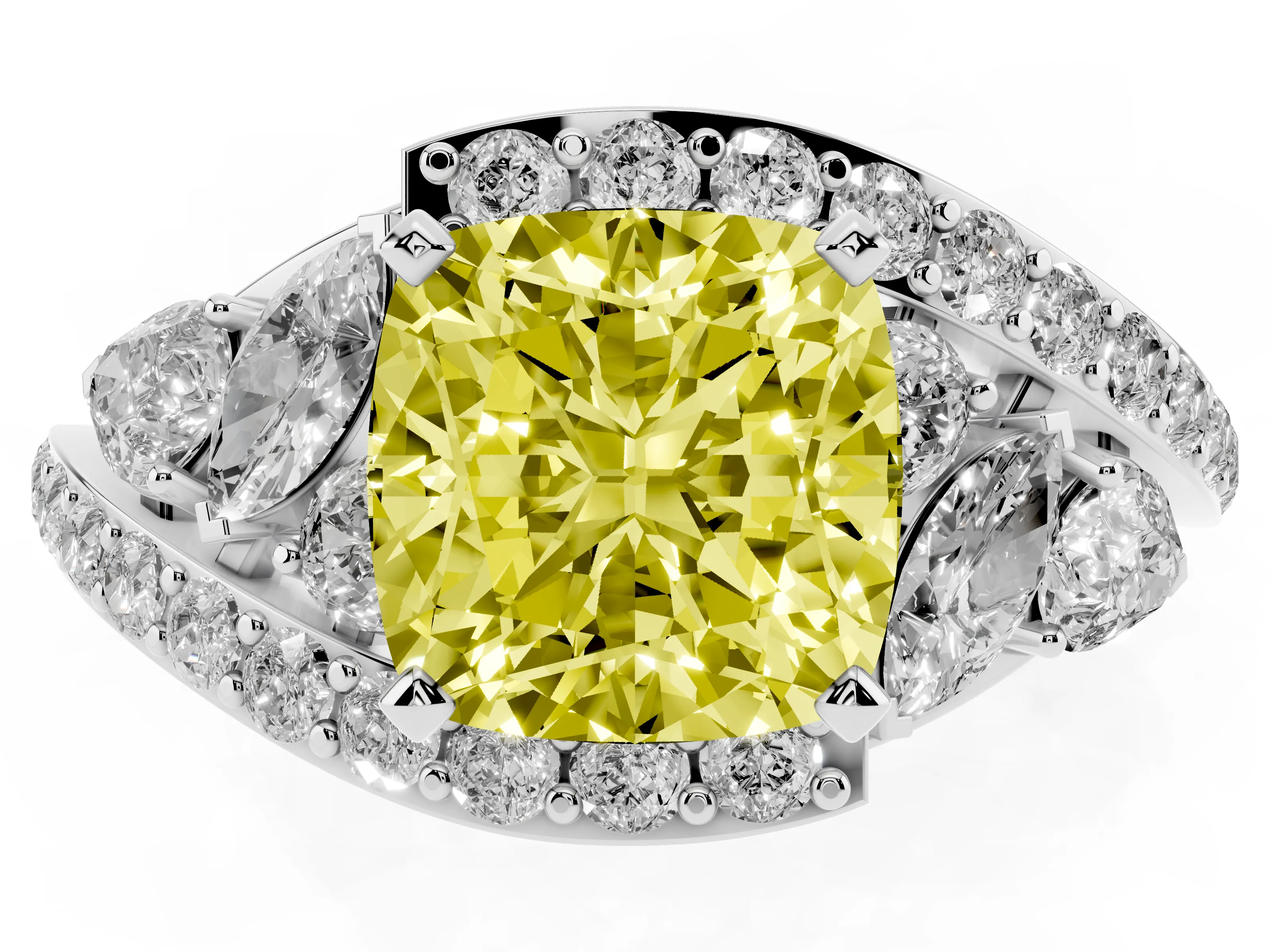 Fancy Yellow Cushion Cut Diamond Halo Ring Set in Silver with Marquise and Pavé Band in Prong Setting