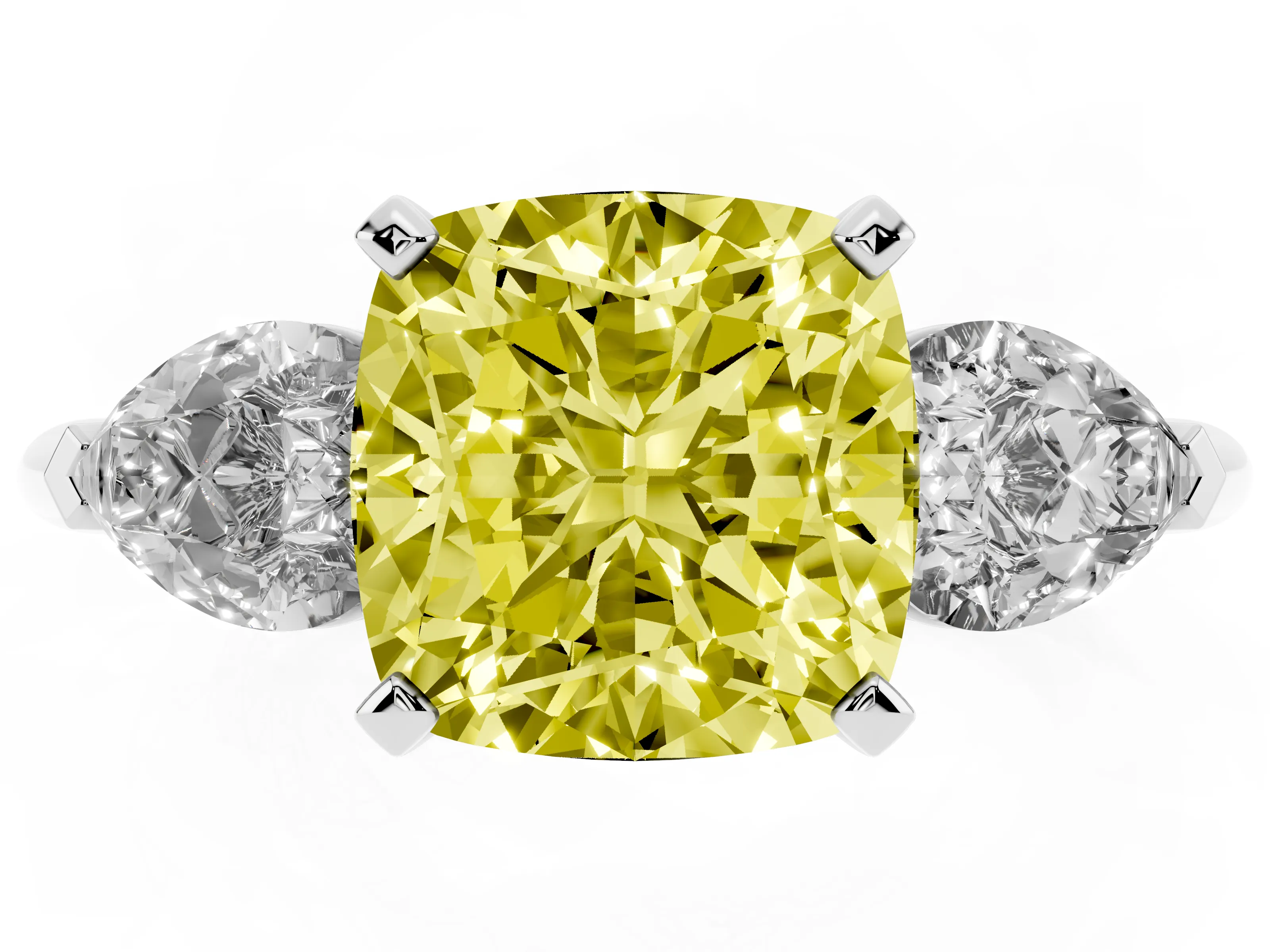 Fancy Yellow Three-Stone Cushion Cut Diamond Ring Set in Silver with Pear Side Stones and Prong Setting