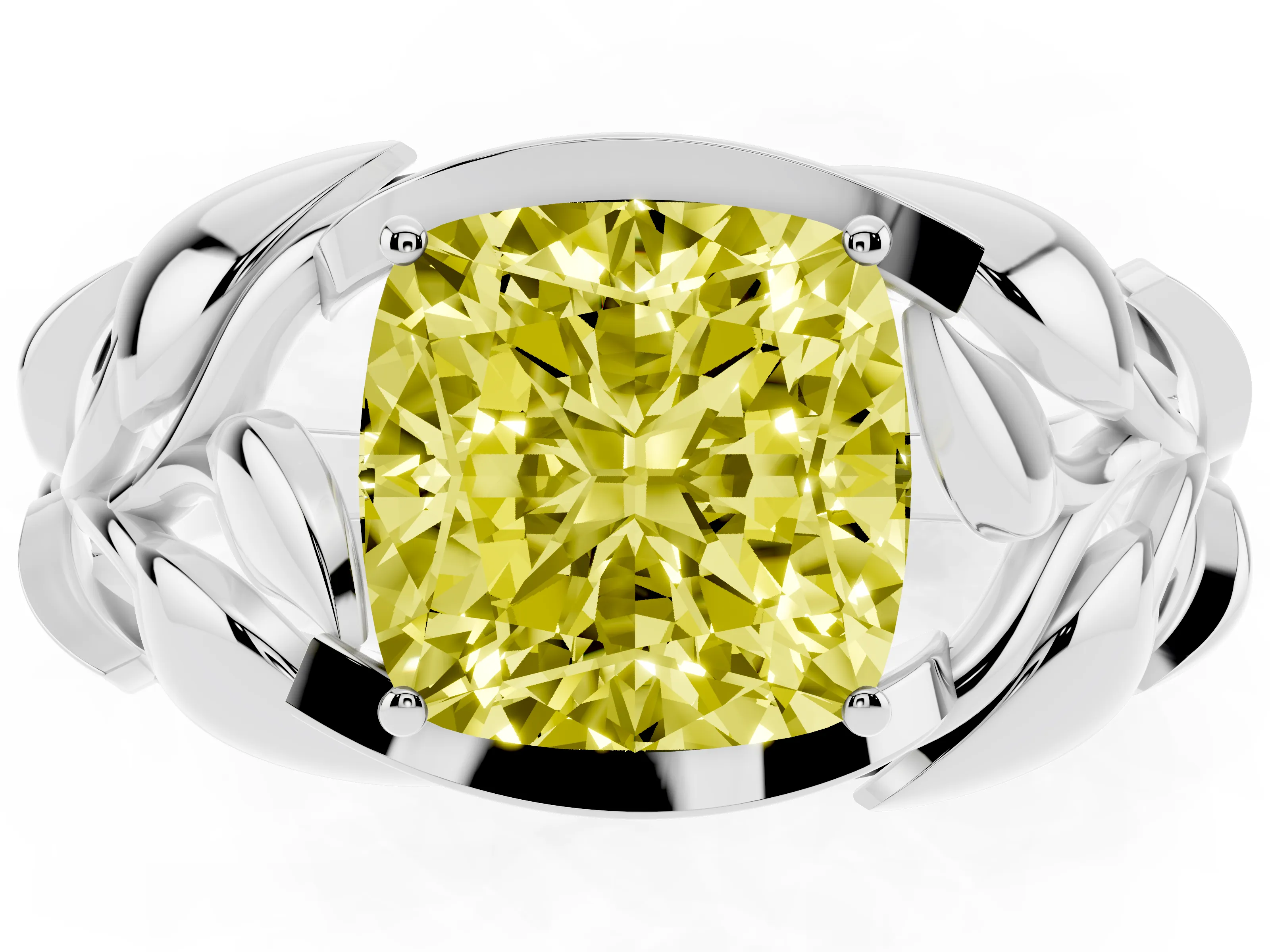 Fancy Yellow Cushion Cut Diamond Leaf-Inspired Engagement Ring Set in White gold with Round Accents