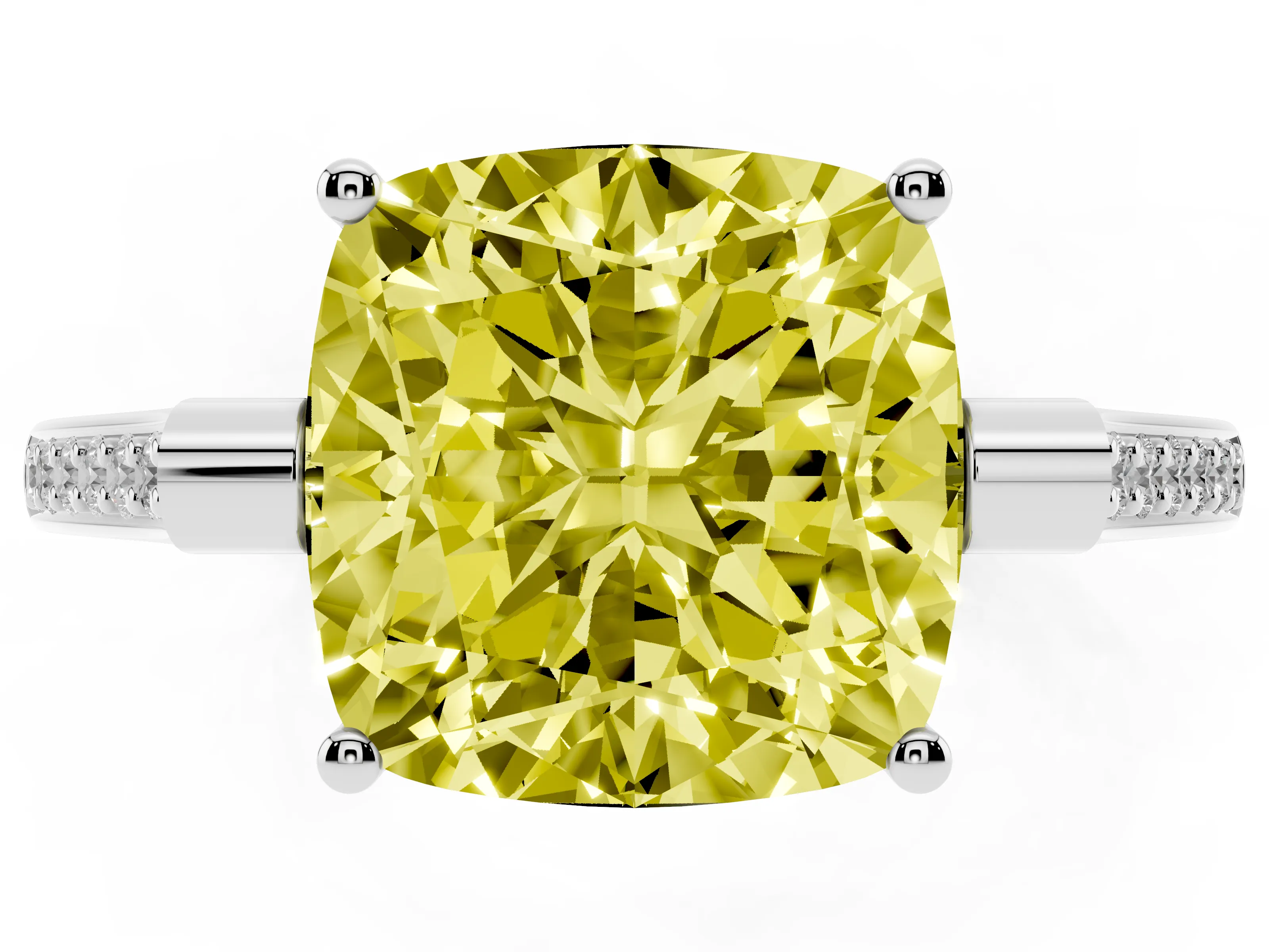 Fancy Yellow Cushion Cut Diamond Solitaire Ring Set in Platinum with Channel Set Band and Bezel Prong Setting