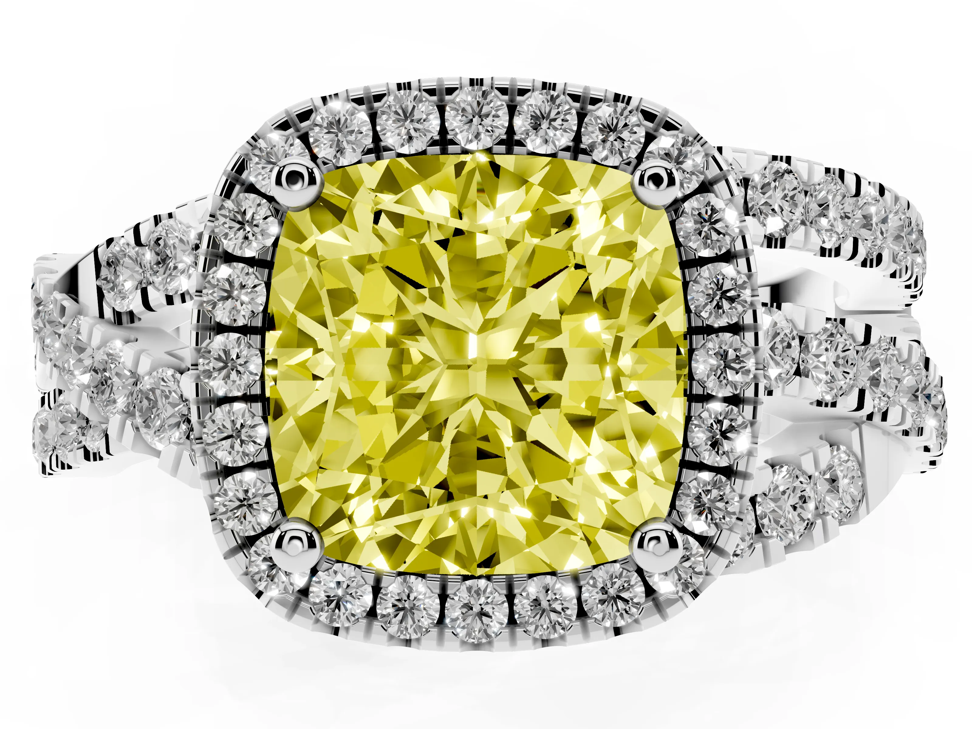 Fancy Yellow Cushion Cut Diamond Halo Ring Set in Platinum with Round Crossover Split Shank and Prong Setting