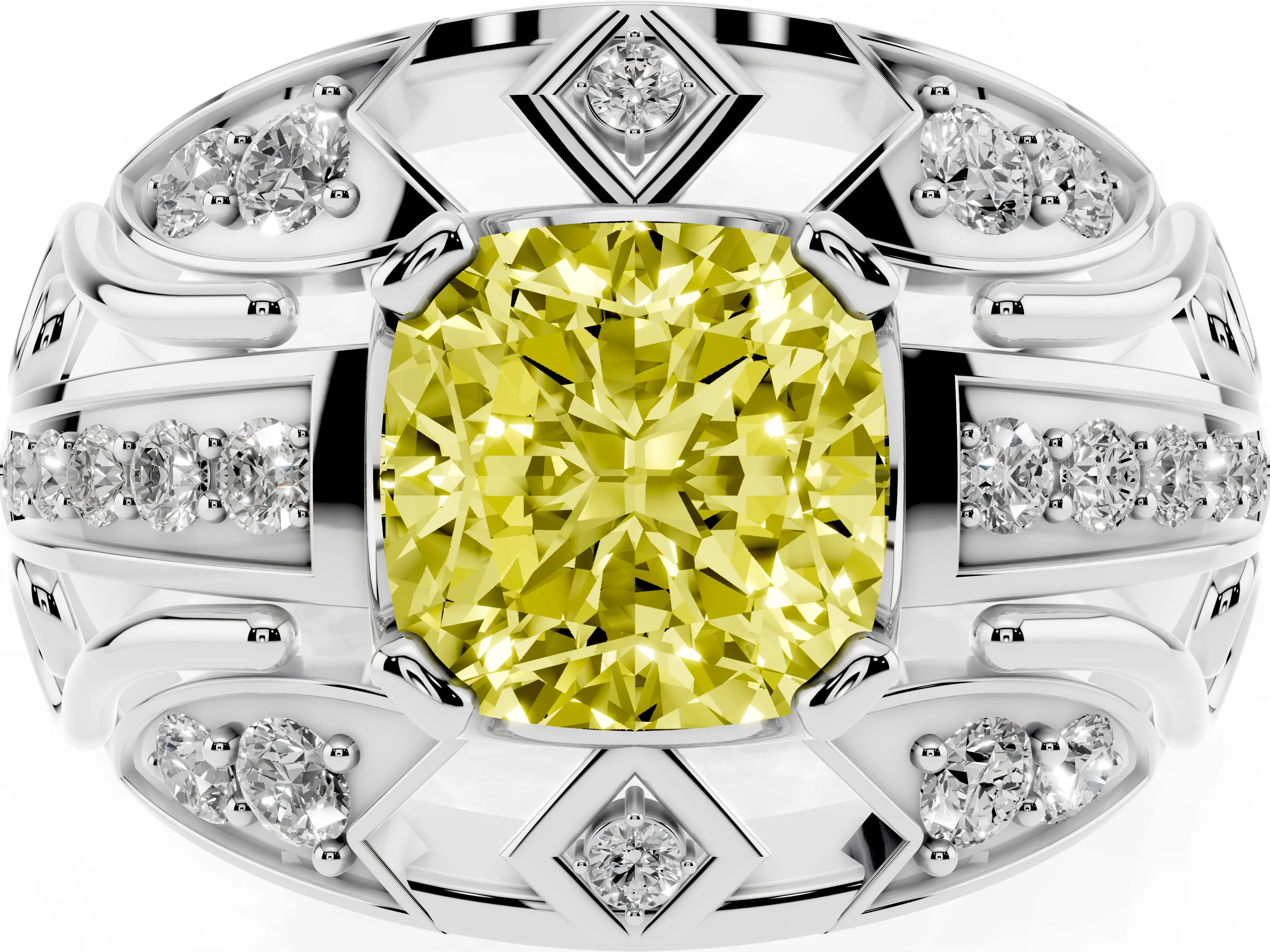 Fancy Yellow Cushion Cut Diamond Art Deco Ring Set in Platinum with Pavé Split Shank