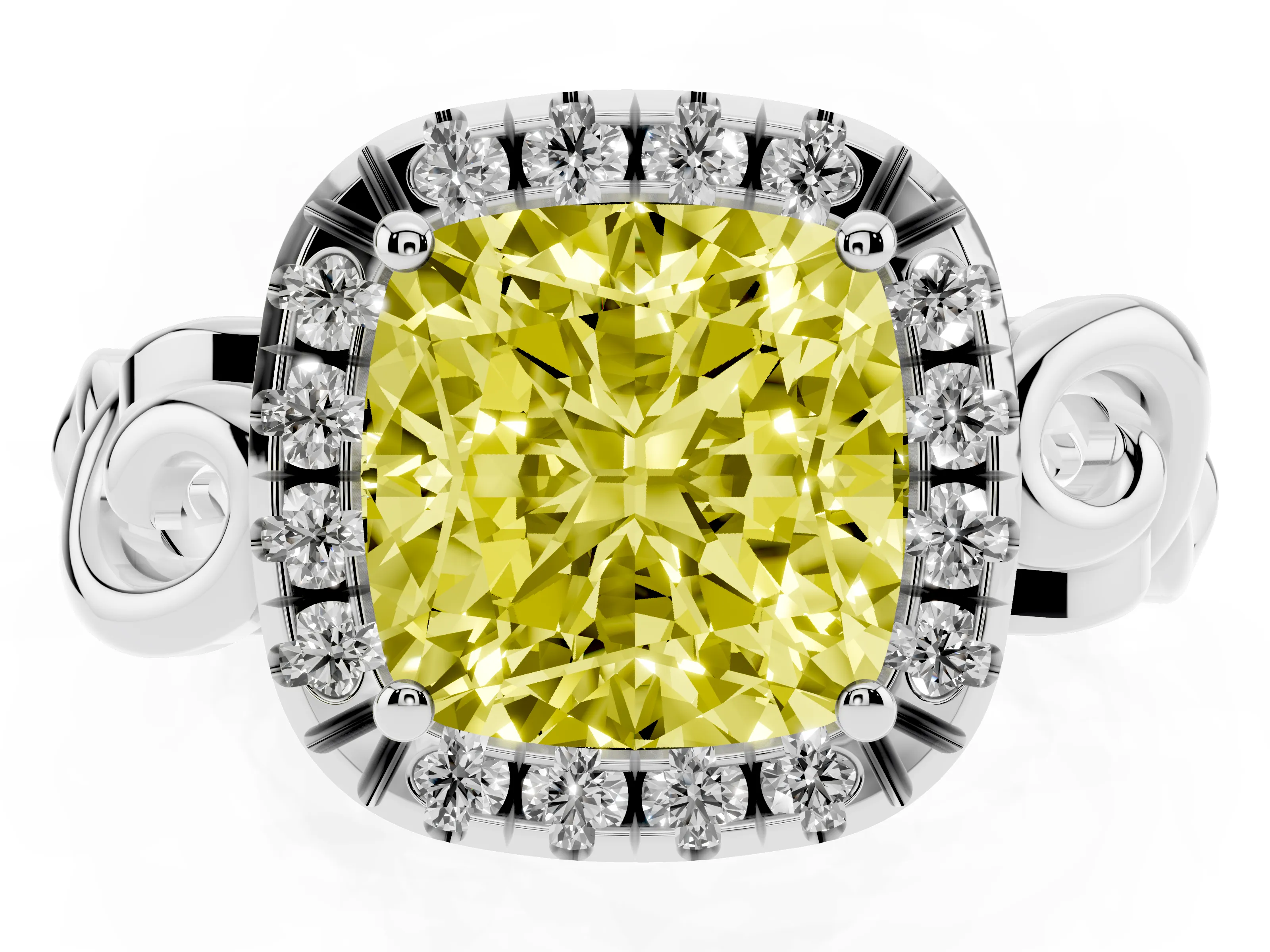 Fancy Yellow Cushion Cut Diamond Halo Ring Set in Platinum with Scrollwork Band and Prong Setting