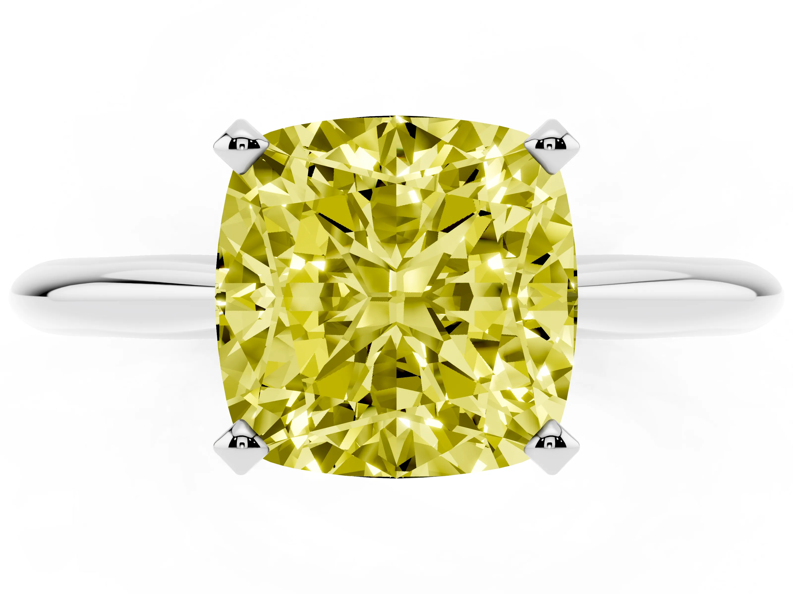 Fancy Yellow Cushion Cut Diamond Solitaire Ring Set in Silver with Prong Setting on a Plain Round Band