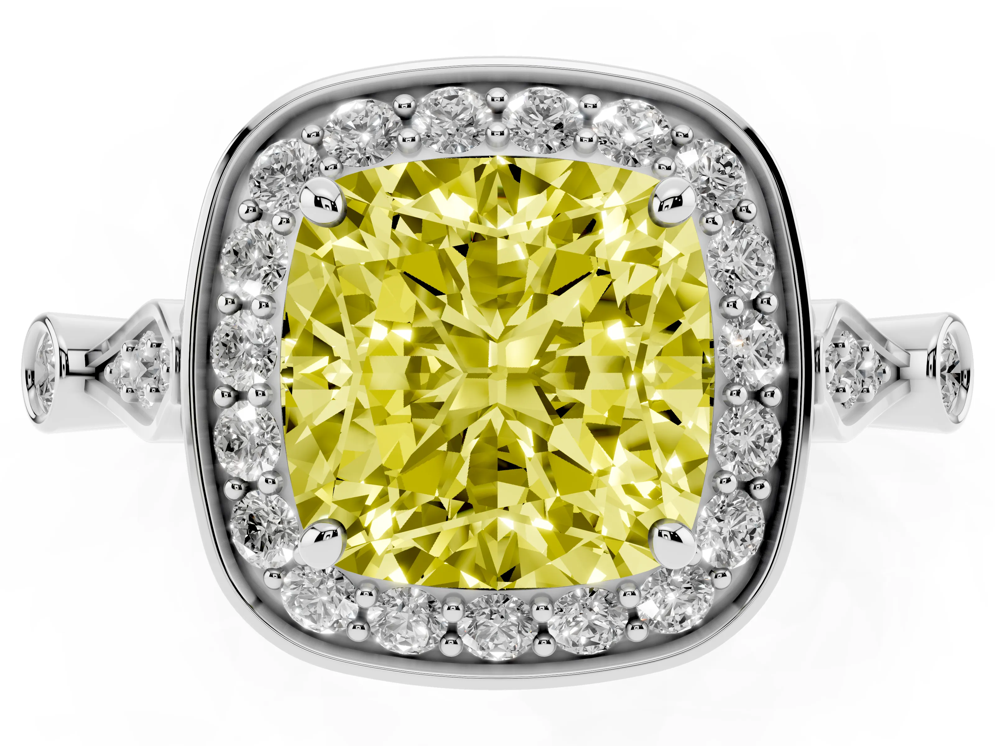 Fancy Yellow Cushion Cut Diamond Halo Engagement Ring Set in White gold with Twisted Band and Prong Setting