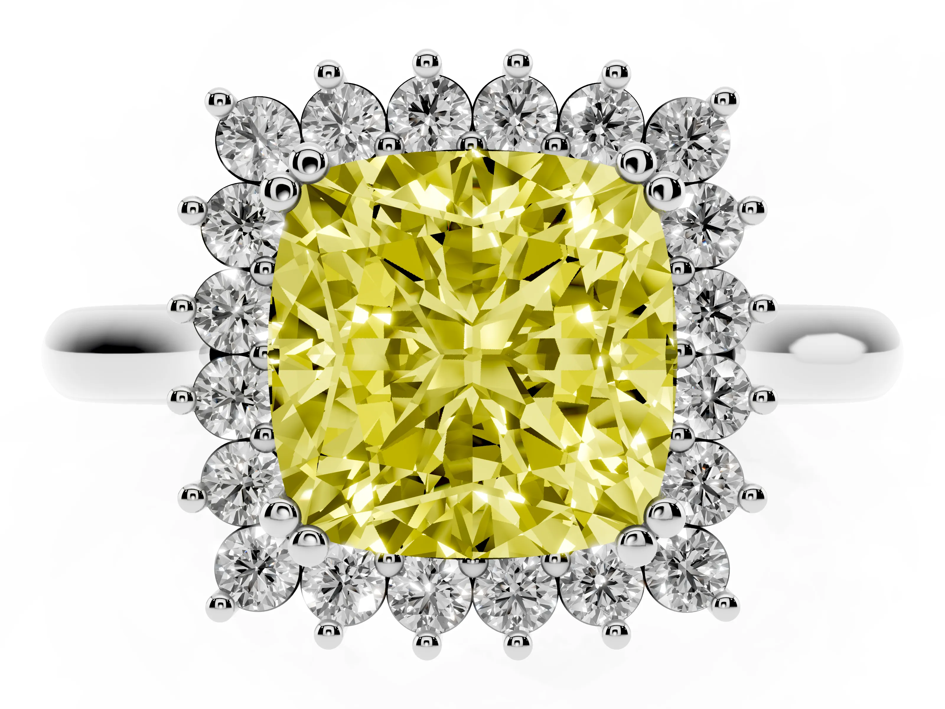 Fancy Yellow Cushion Cut Diamond Halo Ring Set in Platinum with Plain Solitaire Band and Prong Setting