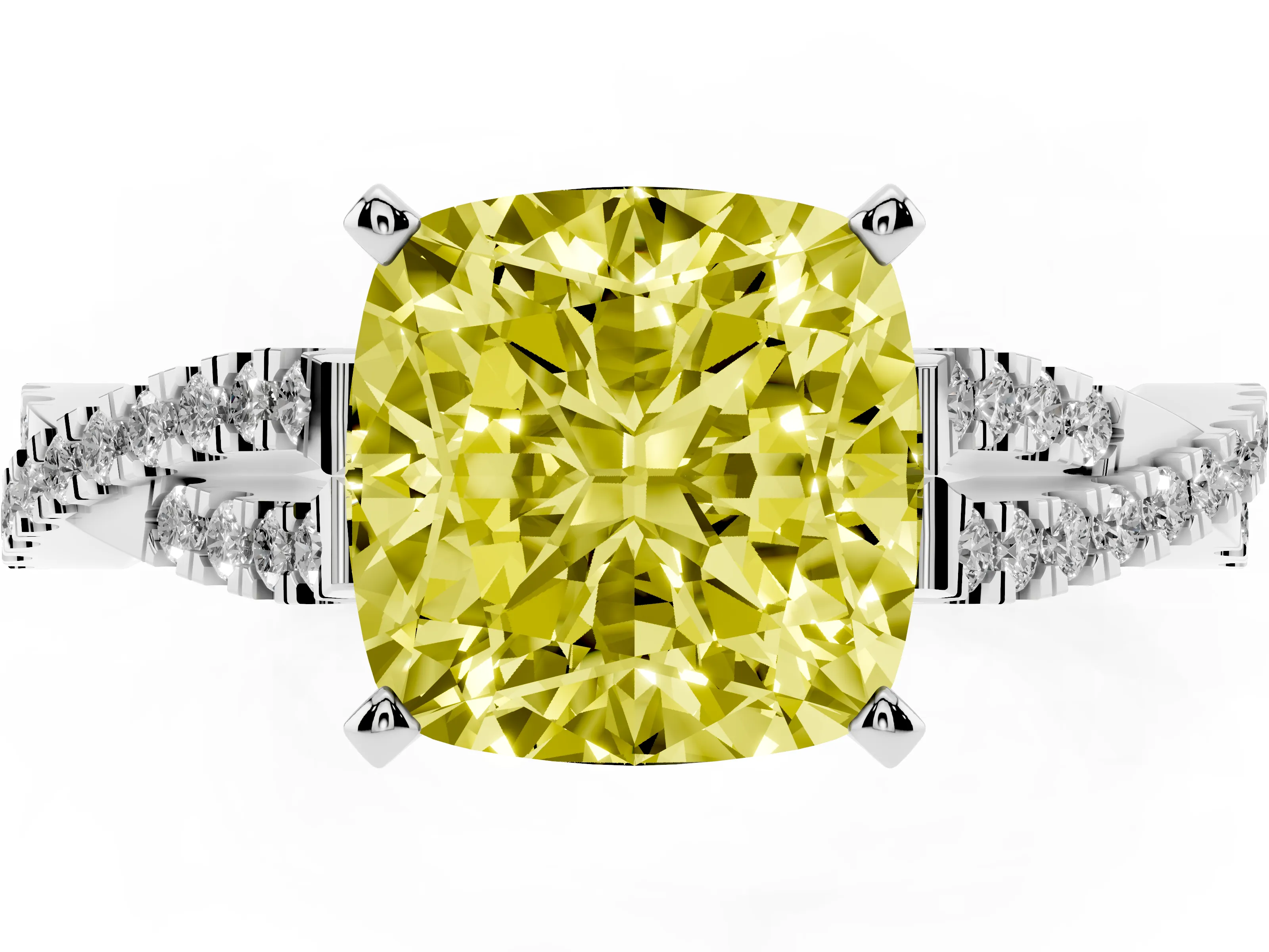Fancy Yellow Cushion Cut Diamond Solitaire Engagement Ring Set in Platinum with Twisted Pavé Band and Prong Setting