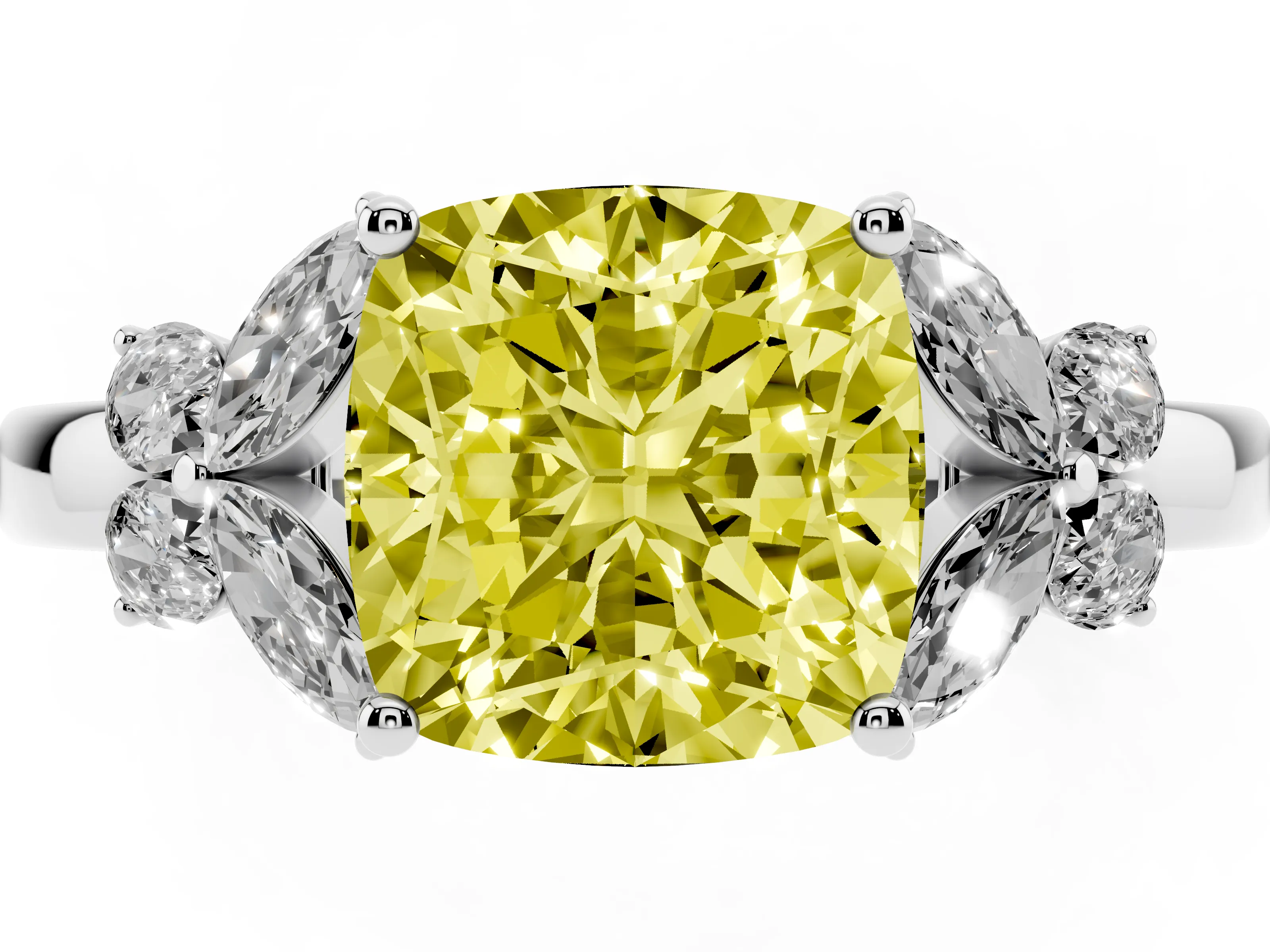 Fancy Yellow Cushion Cut Diamond Solitaire Floral Ring Set in Platinum with Marquise Petals and Prong Setting