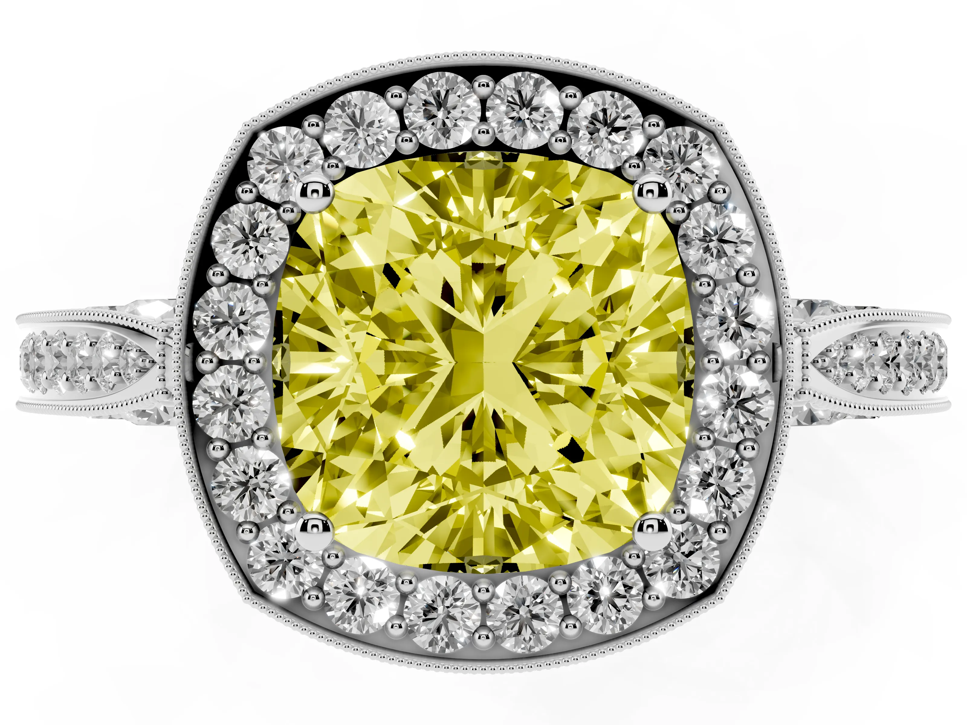 Fancy Yellow Cushion Cut Diamond Halo Engagement Ring Set in Silver with Accent Split Shank Band
