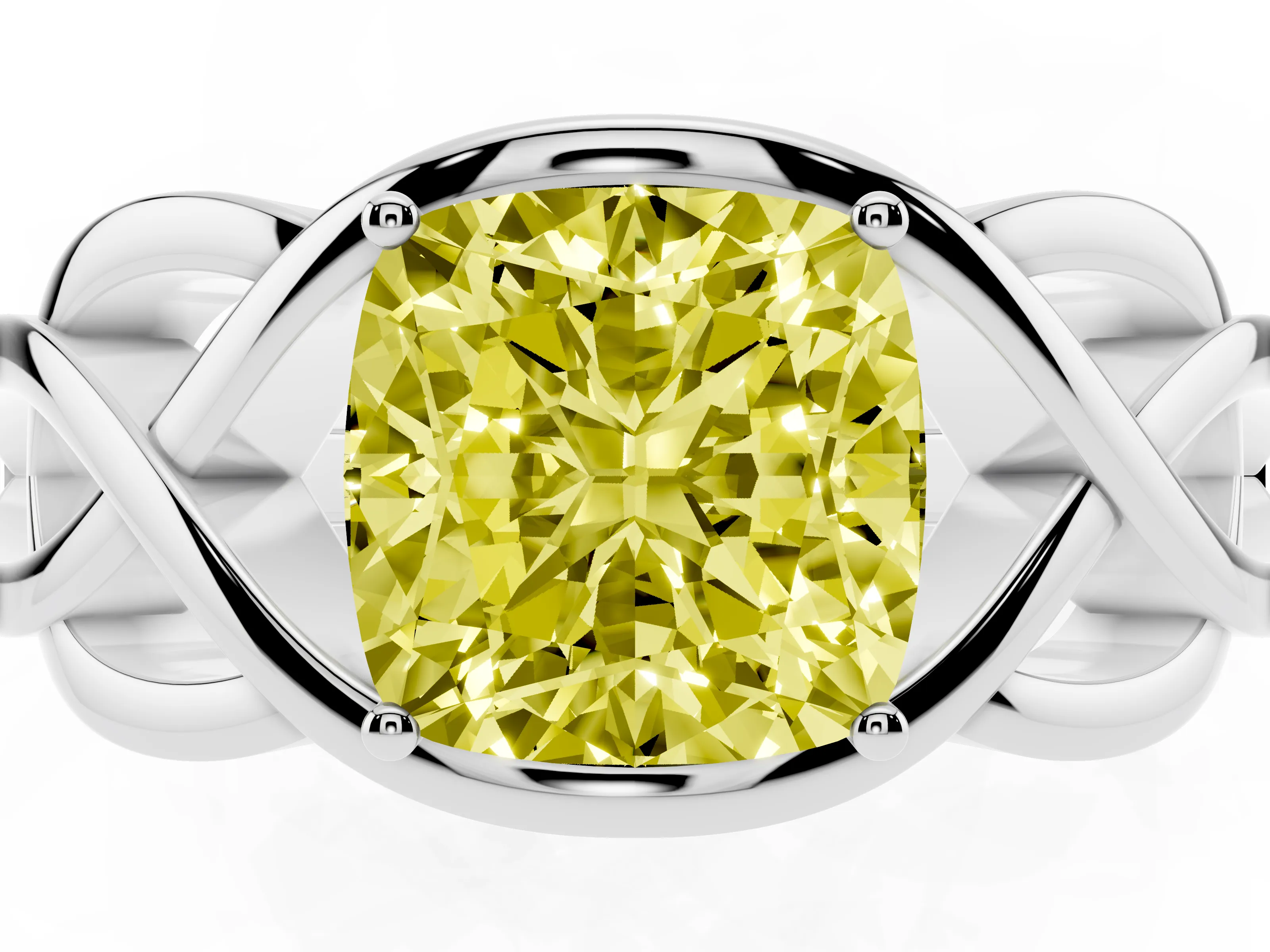 Fancy Yellow Cushion Cut Diamond Solitaire Ring Set in Silver with Intertwined Band