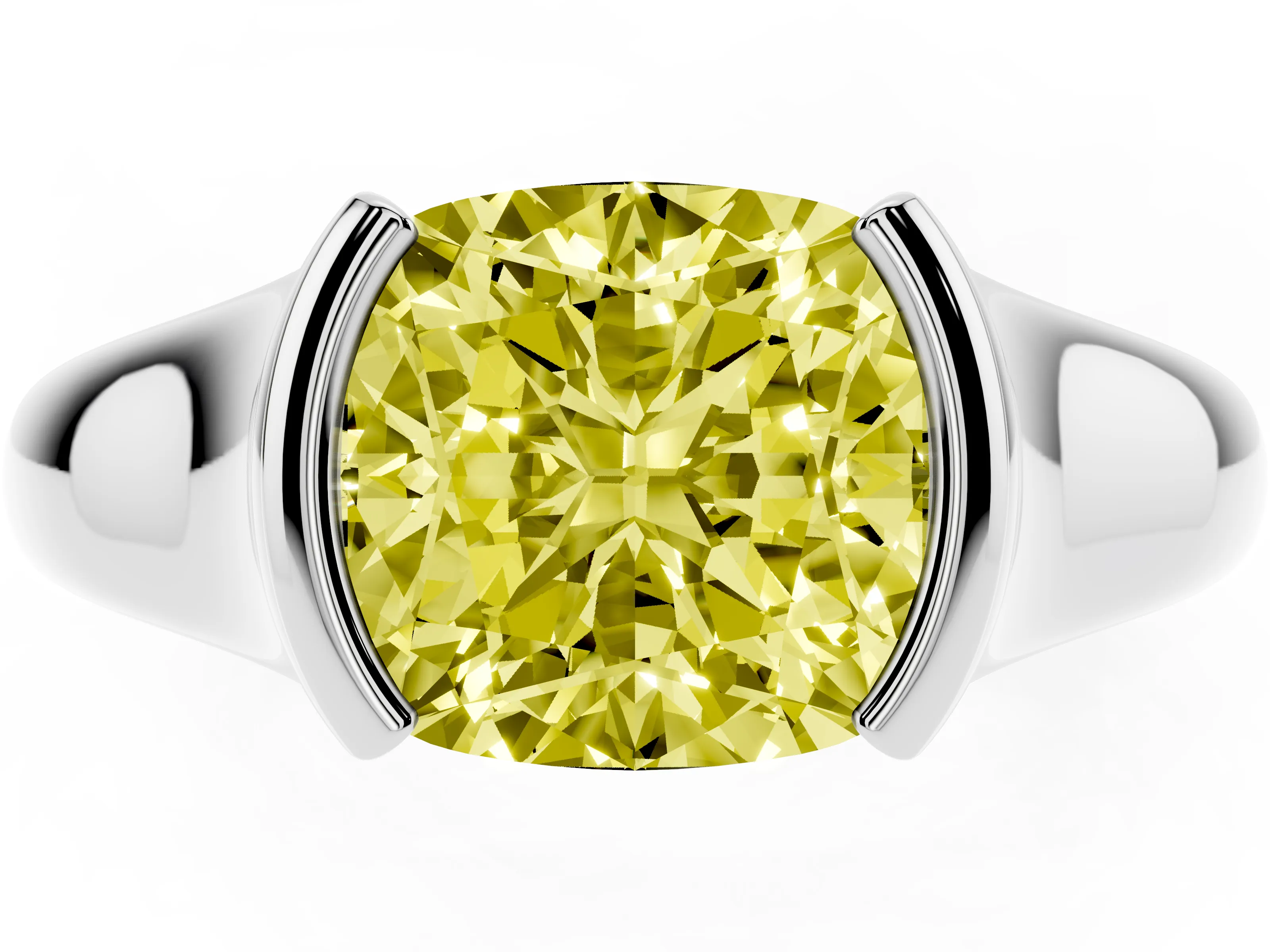 Fancy Yellow Cushion Cut Diamond Solitaire Tension Set Ring Set in Silver with Split Shank Band
