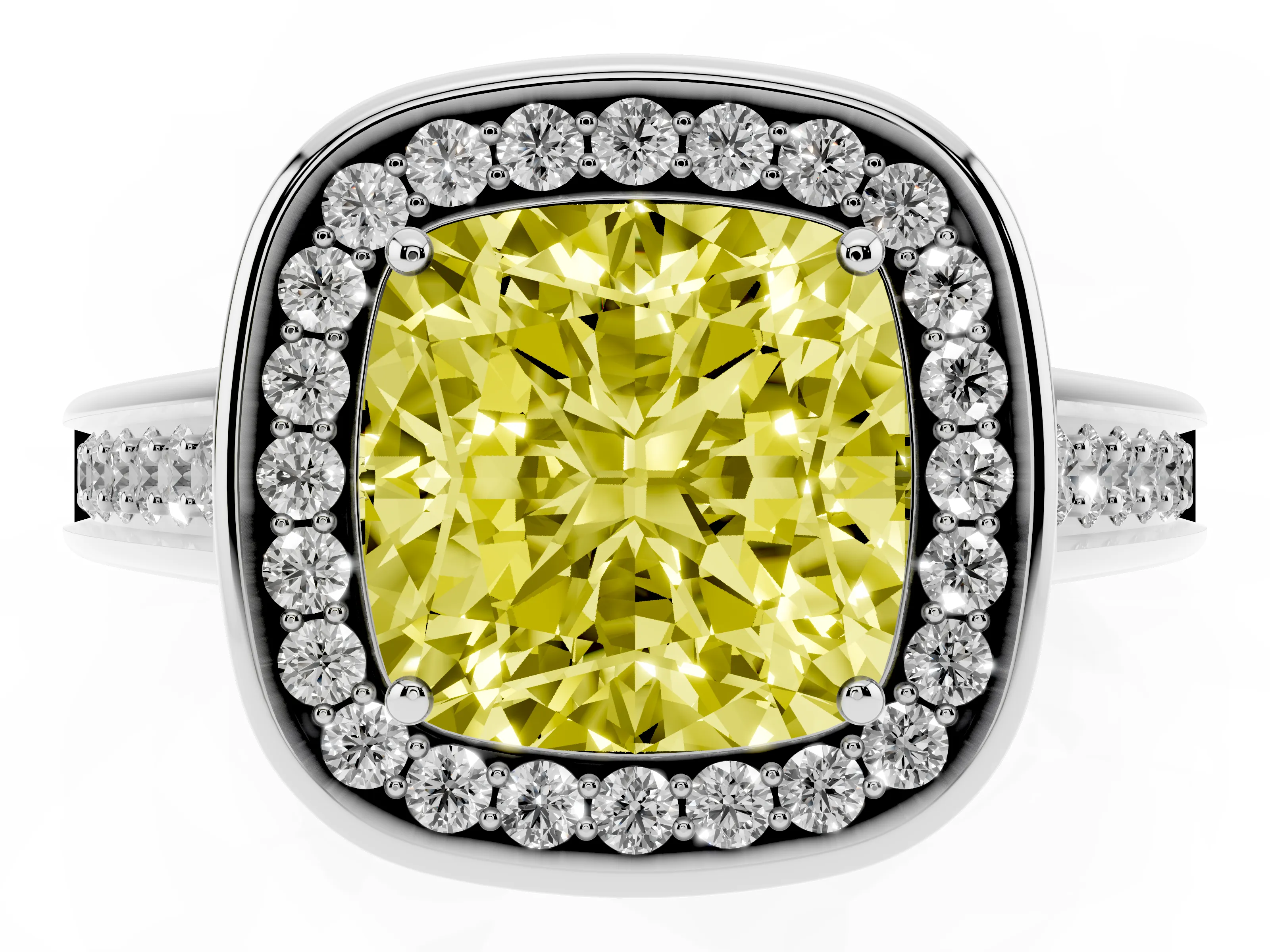 Fancy Yellow Cushion Cut Diamond Halo Solitaire Ring Set in Silver with Pavé Band and Bezel Setting