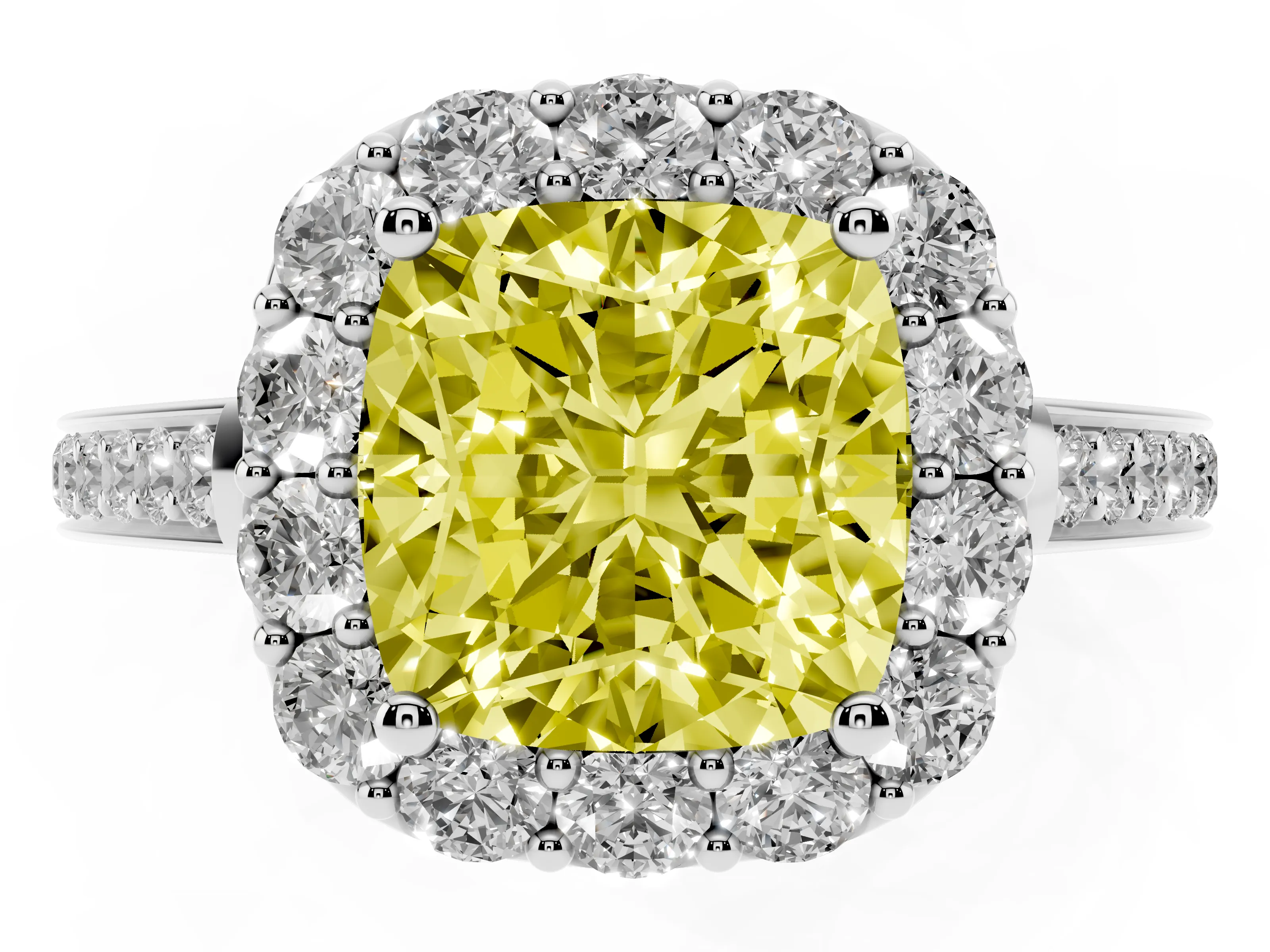 Fancy Yellow Cushion Cut Diamond Floral Halo Ring Set in White gold with Pavé Band and Prong Setting