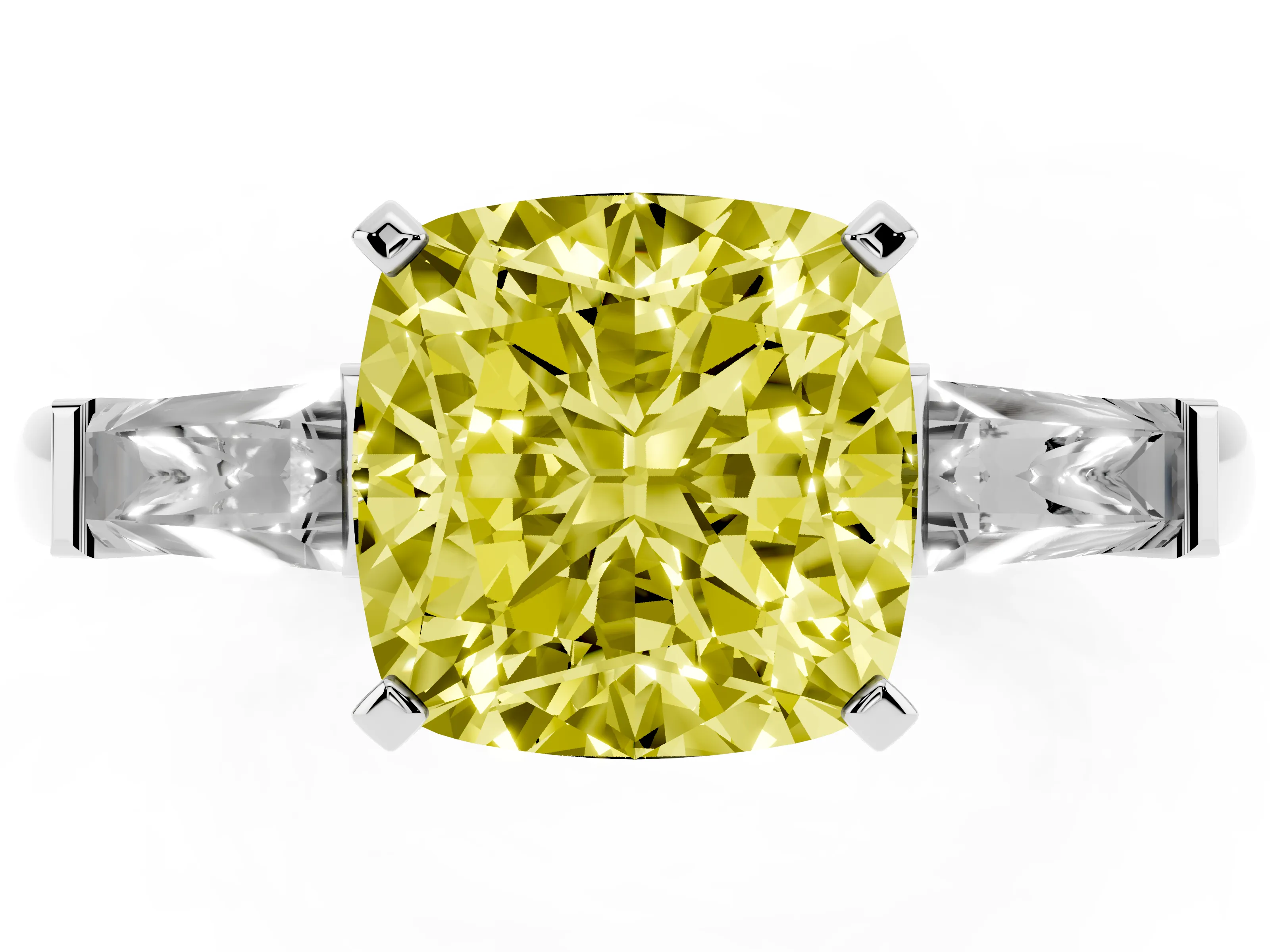 Fancy Yellow Cushion Cut Diamond Solitaire Ring Set in White gold with Tapered Baguette Side Stones and Prong Setting