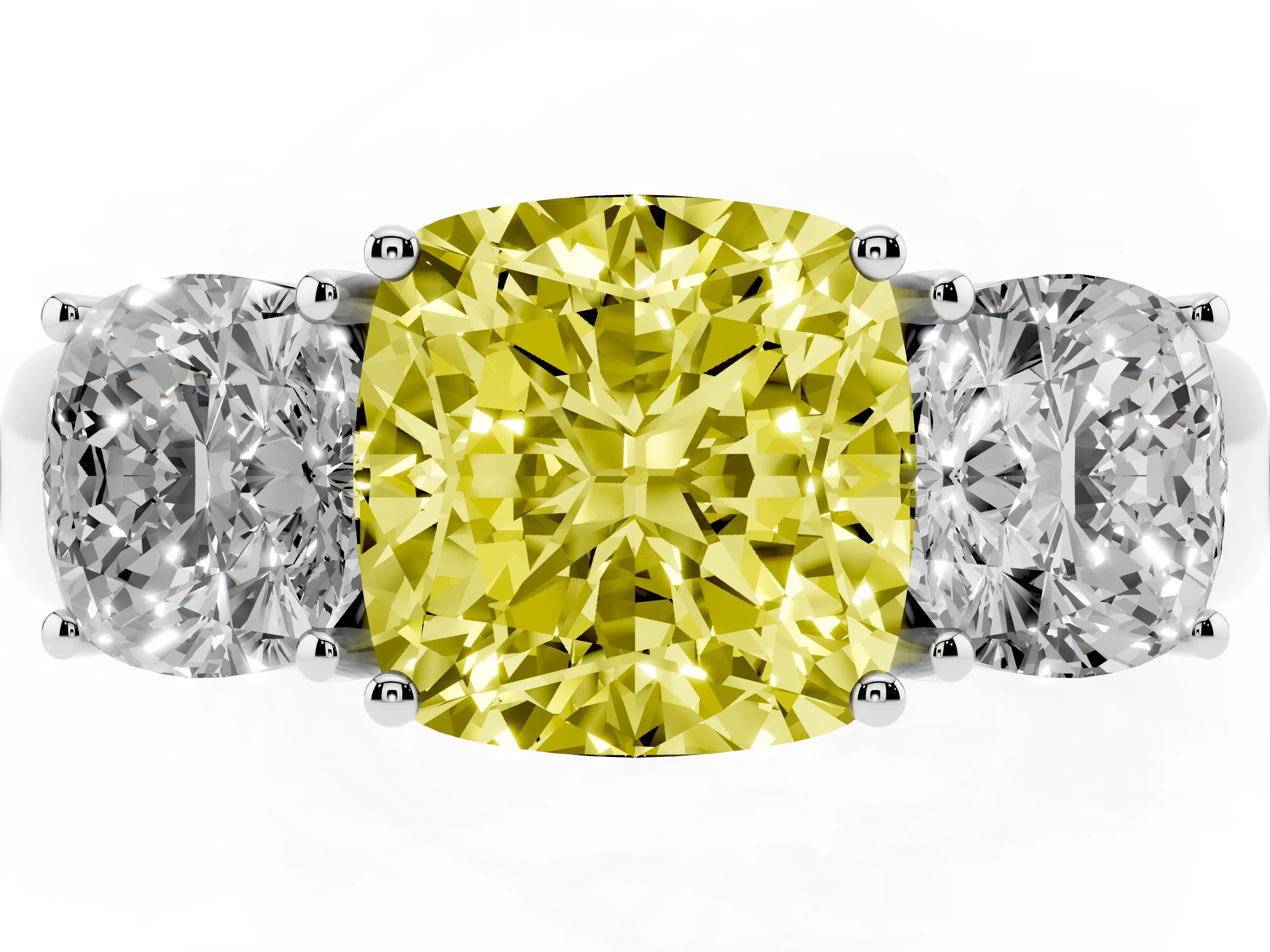 Fancy Yellow Three-Stone Cushion Cut Diamond Ring Set in Silver with Matching Prong Settings and Plain Band