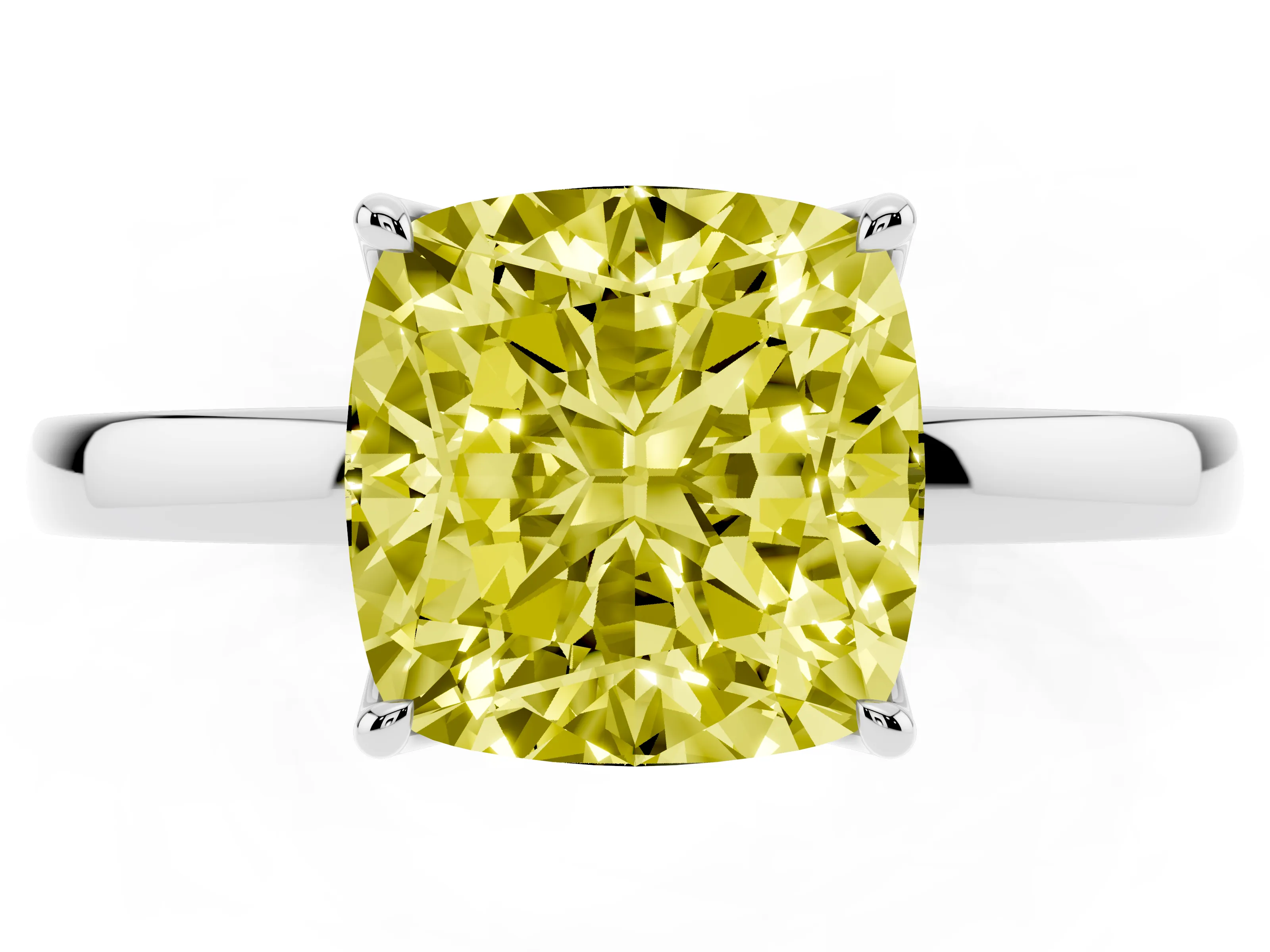 Fancy Yellow Cushion Cut Diamond Solitaire Ring Set in White gold with Prong Setting and Thin Polished Band