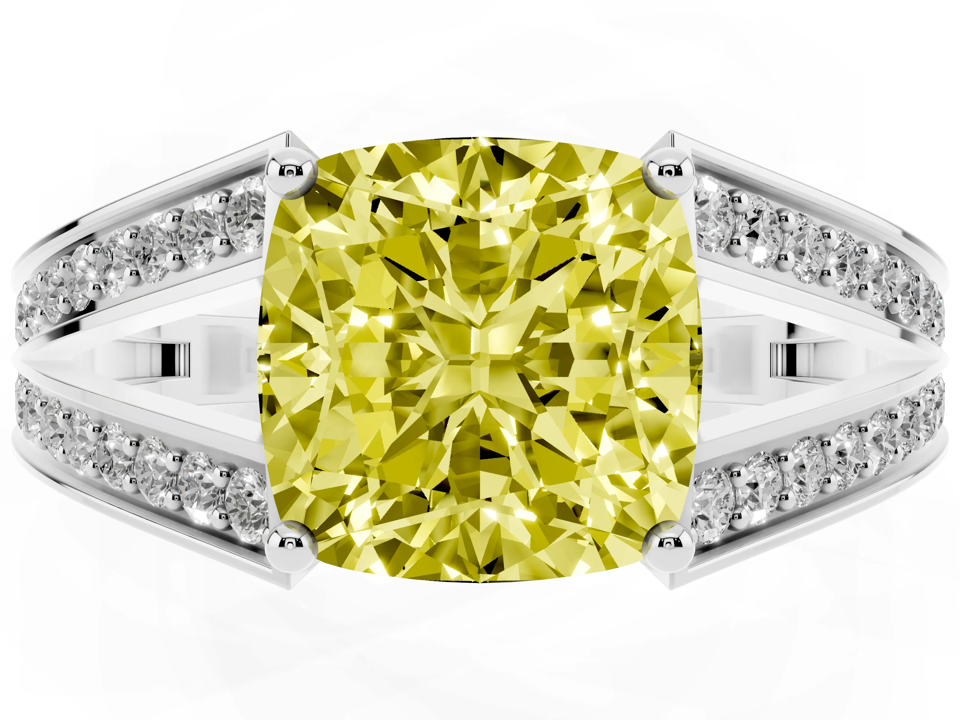 Fancy Yellow Cushion Cut Diamond Split Shank Ring Set in Platinum with Pavé Band and Prong Setting