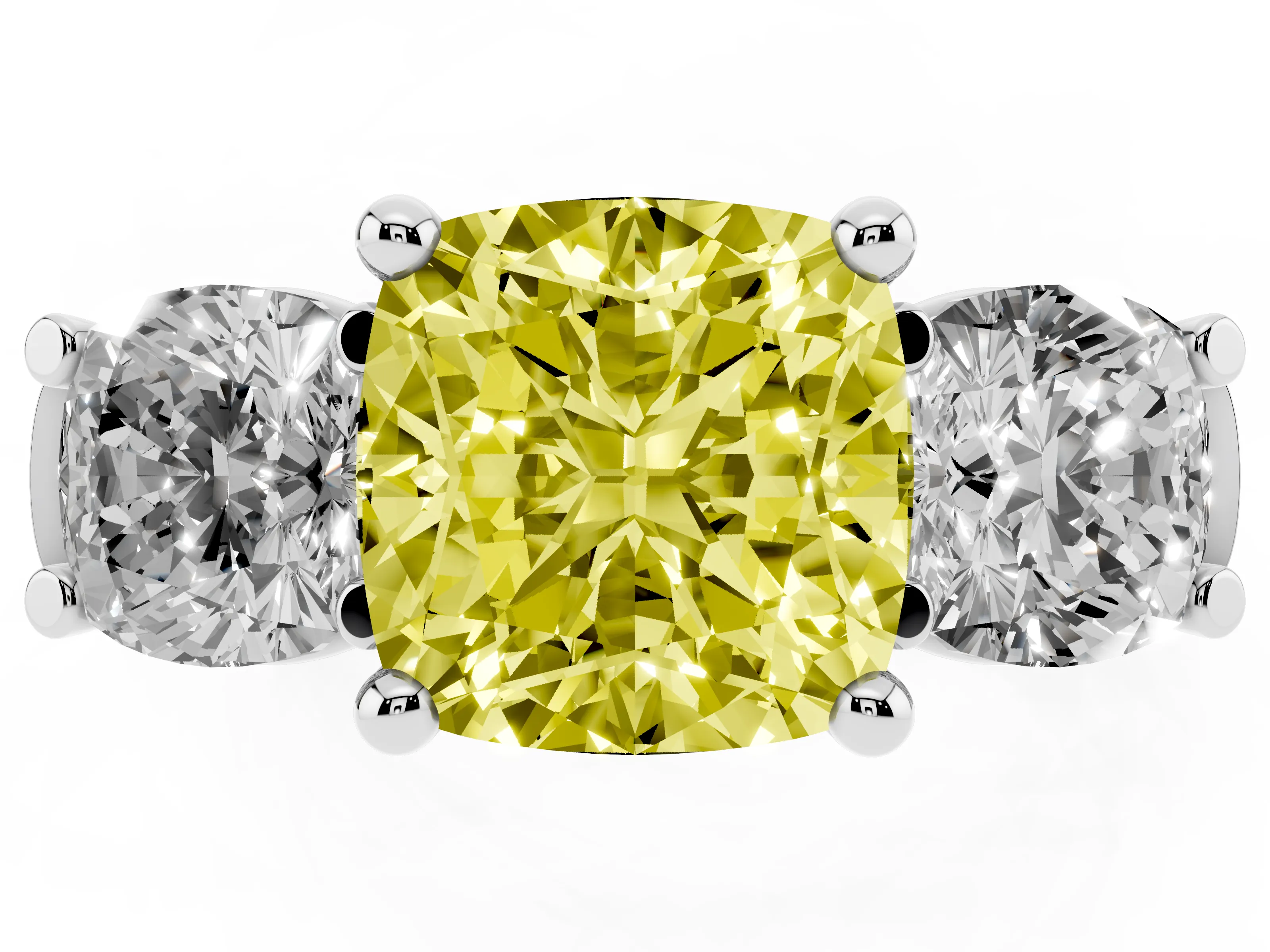 Fancy Yellow Cushion Cut Diamond Three-Stone Trellis Ring Set in Platinum with Comfort Fit Band