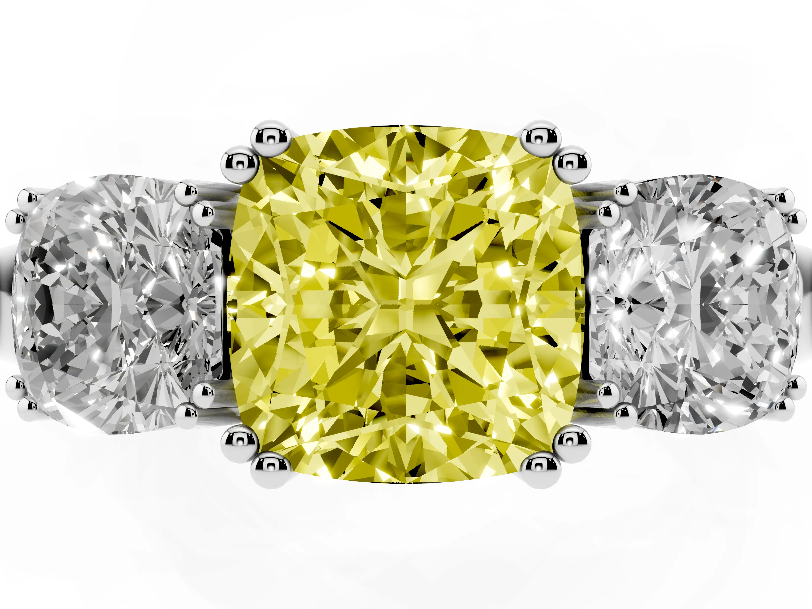 Fancy Yellow Cushion Cut Diamond Three-Stone Ring Set in Platinum with Polished Band and Prong Setting