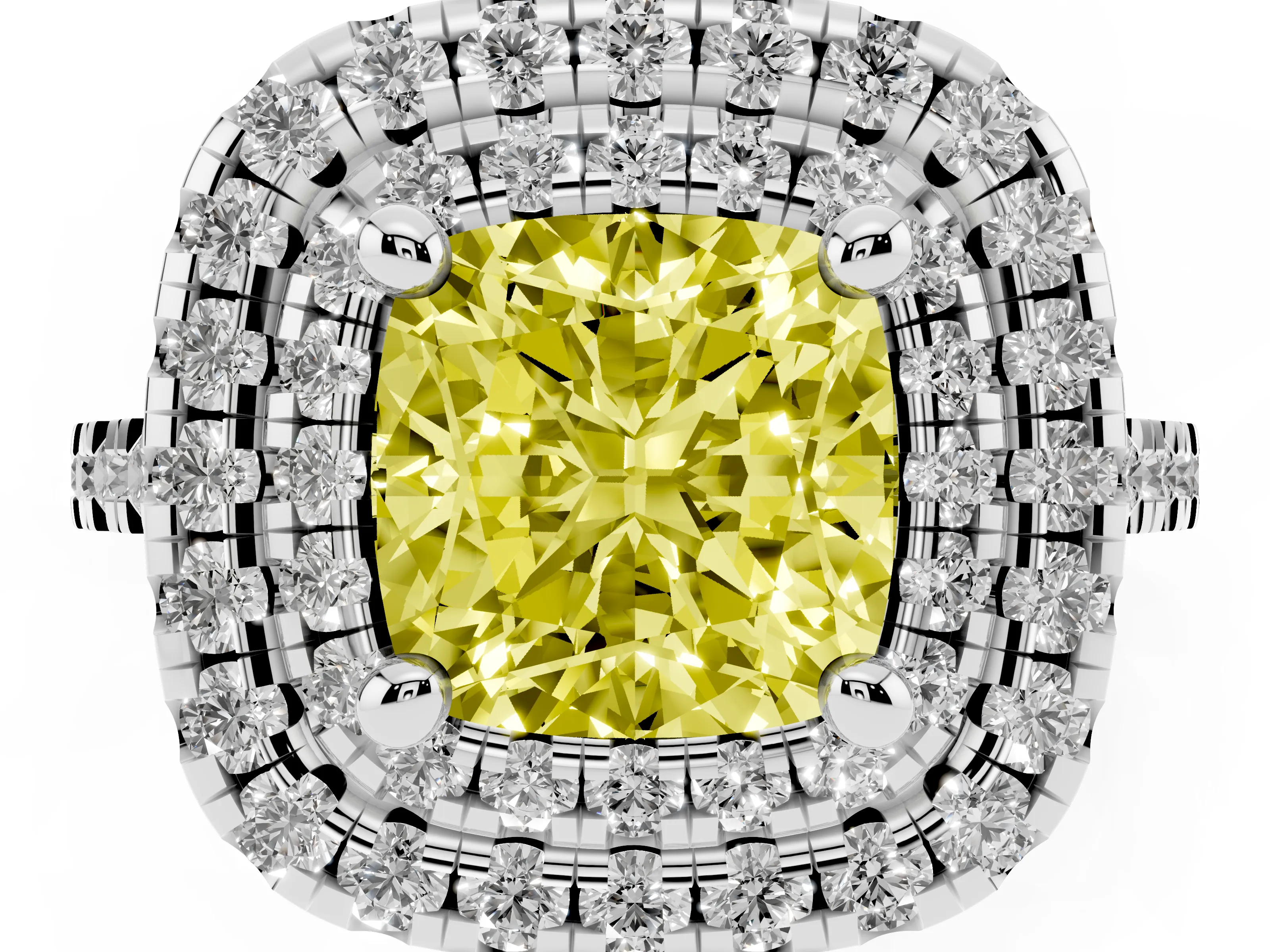 Fancy Yellow Cushion Cut Diamond Double Halo Statement Ring Set in Platinum with Pavé Band