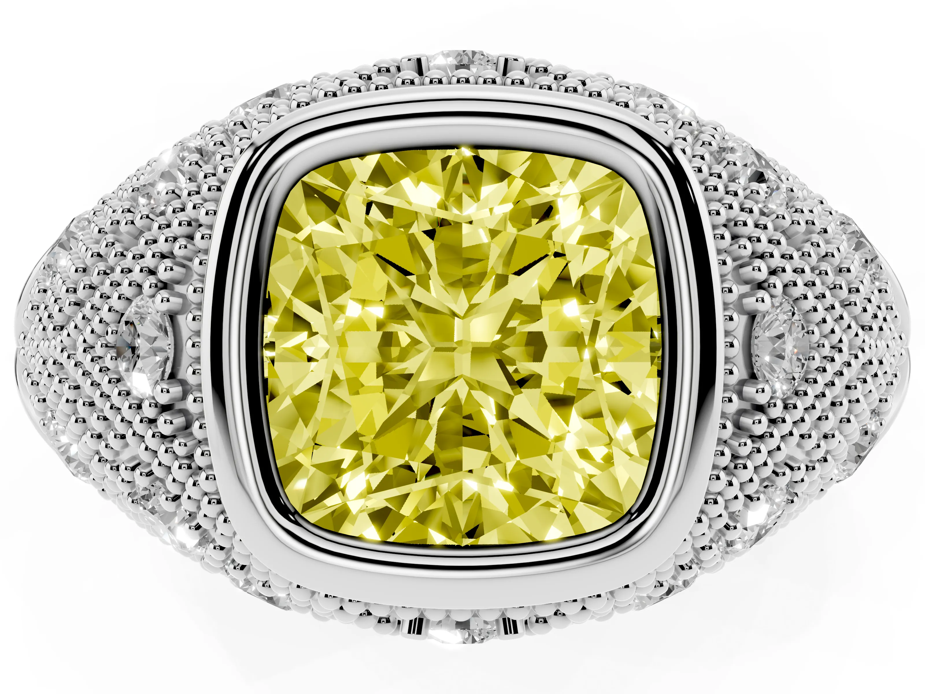 Fancy Yellow Cushion Cut Diamond Bezel Ring Set in Silver with Milgrain Accent Band