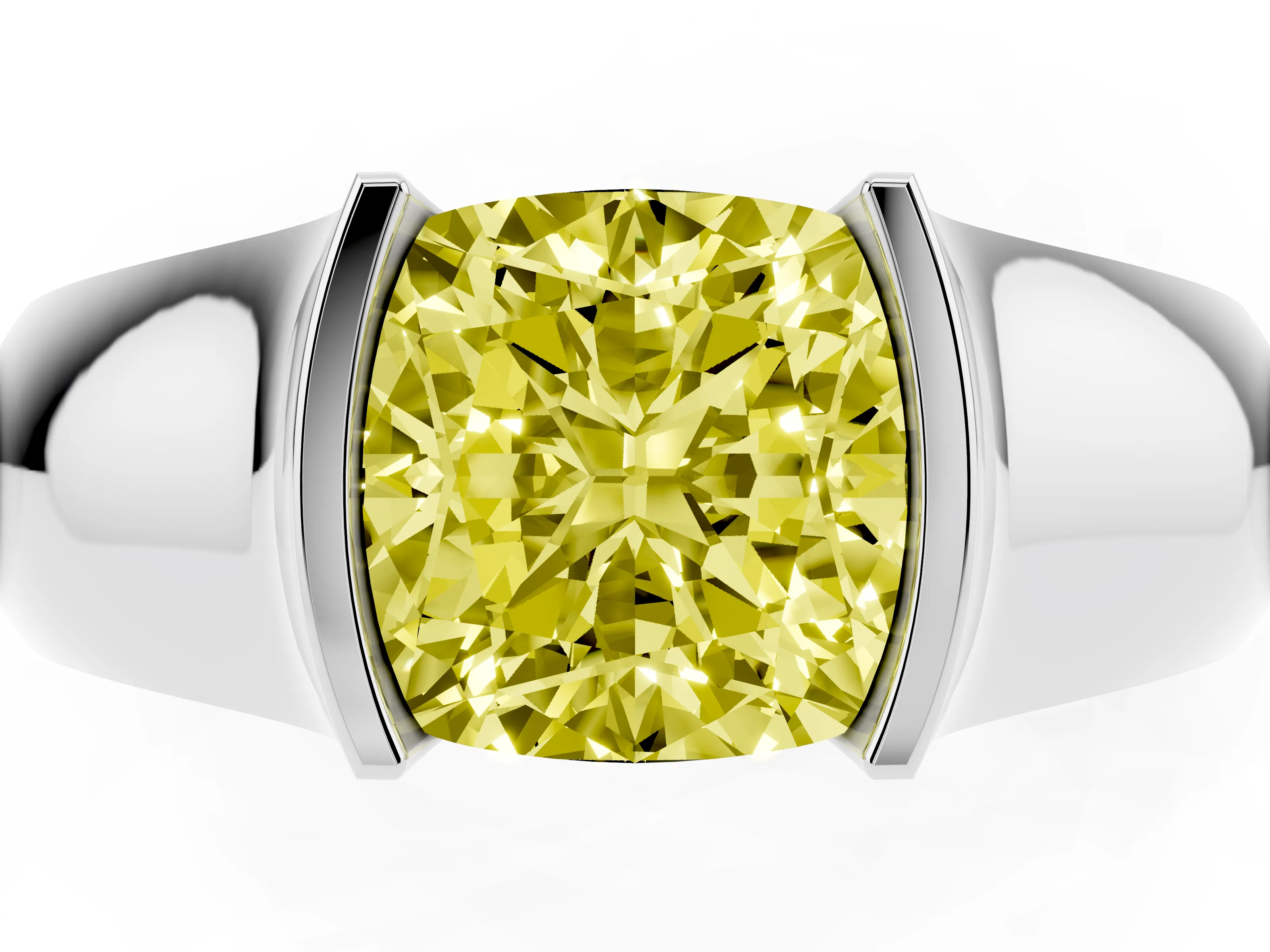 Fancy Yellow Cushion Cut Diamond Bezel Solitaire Ring Set in White gold with Wide Band