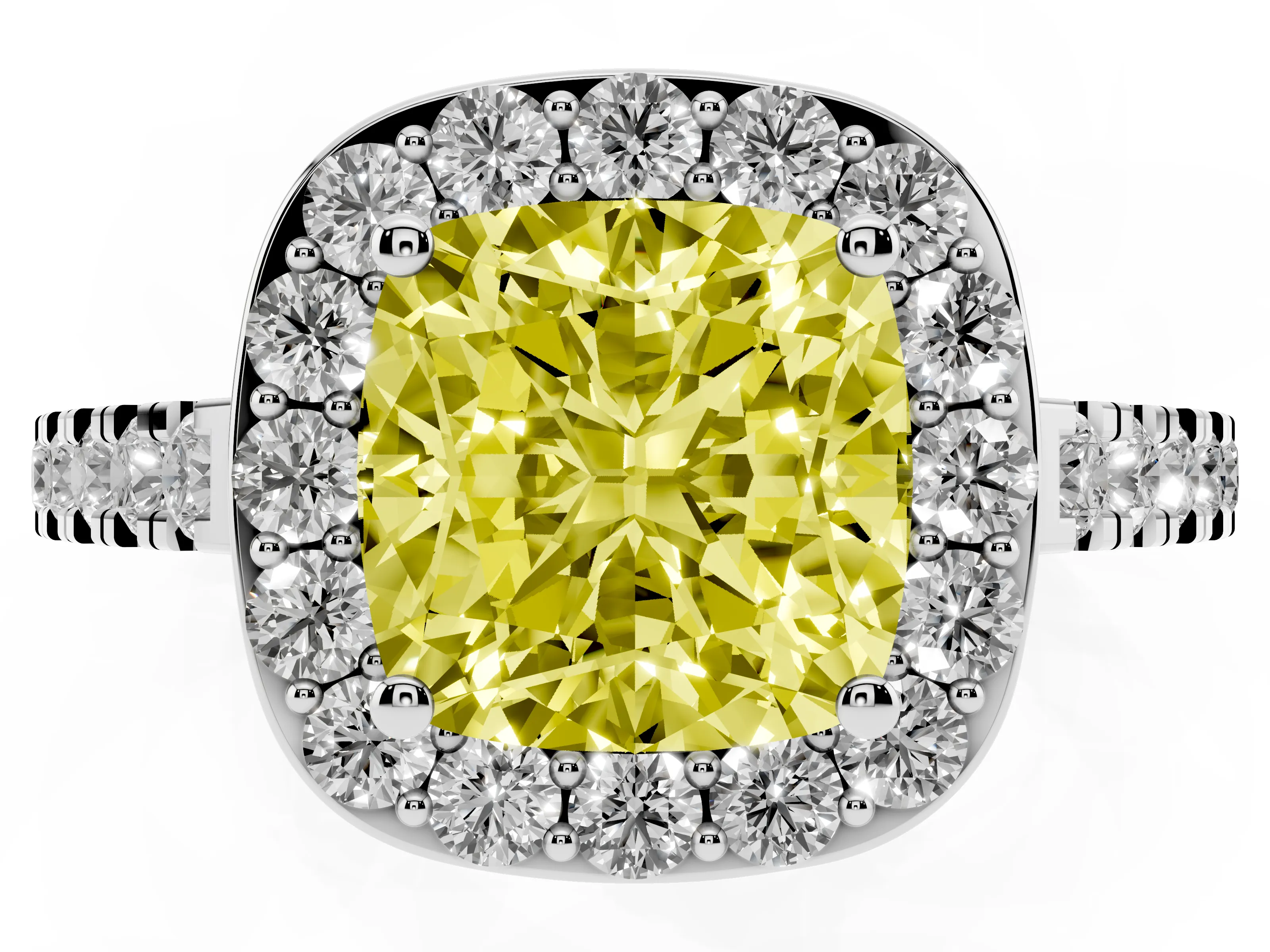 Fancy Yellow Cushion Cut Diamond Halo Ring Set in White gold with Round Pavé Split Shank and Prong Setting