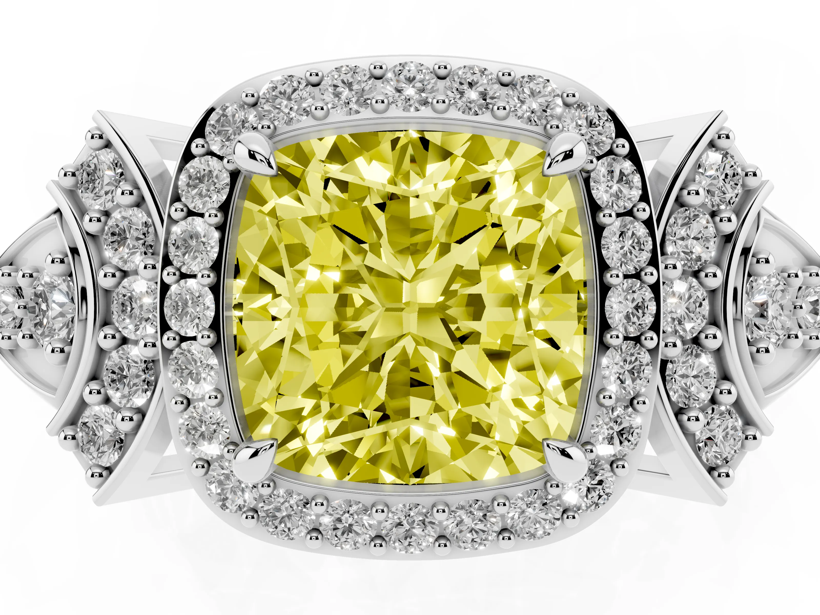 Fancy Yellow Cushion Cut Diamond Halo Engagement Ring Set in Platinum with Accent Stone Split Shank