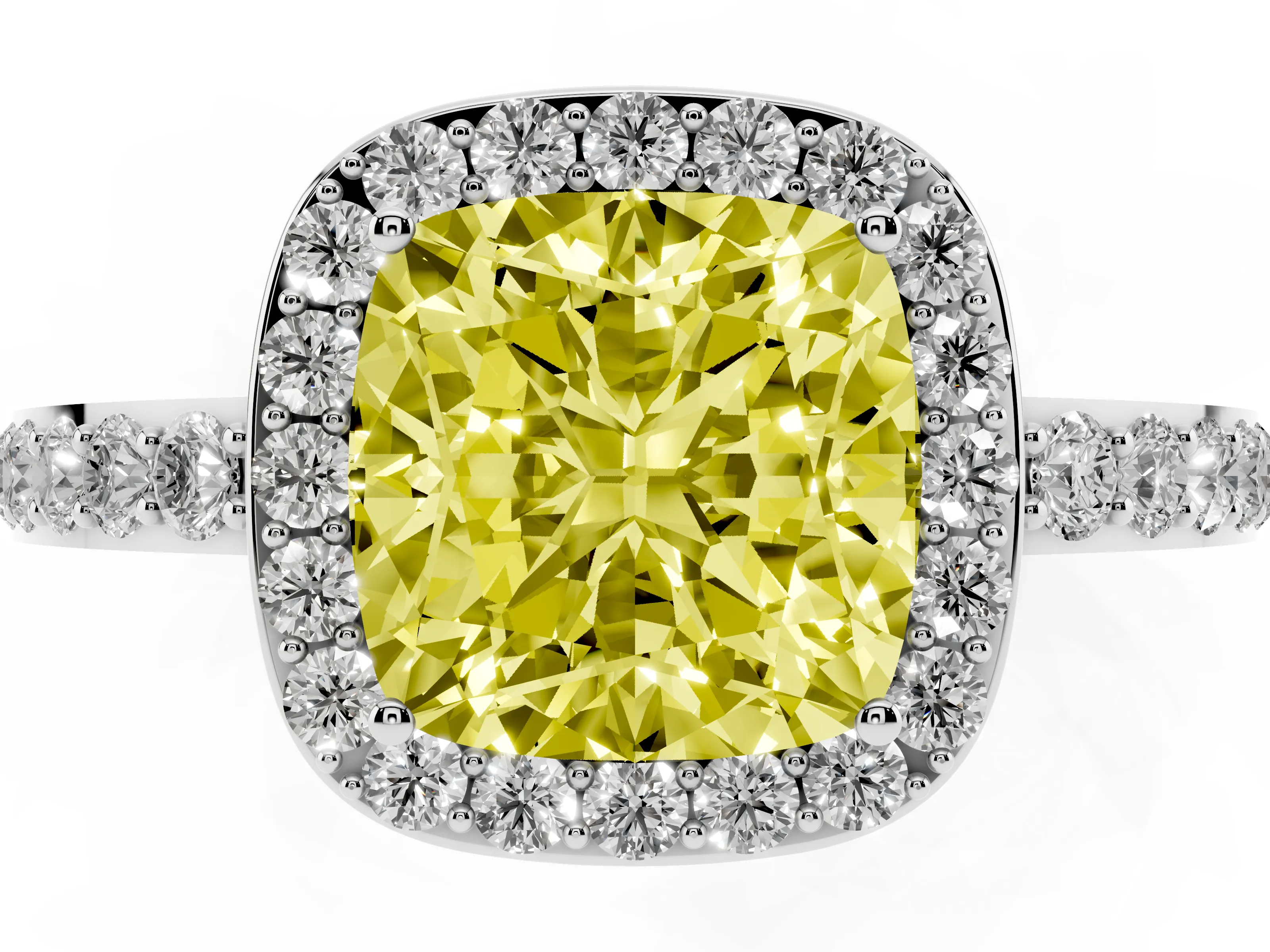 Fancy Yellow Cushion Cut Diamond Halo Ring Set in White gold with Pavé-Setting Band and Open Prong Center