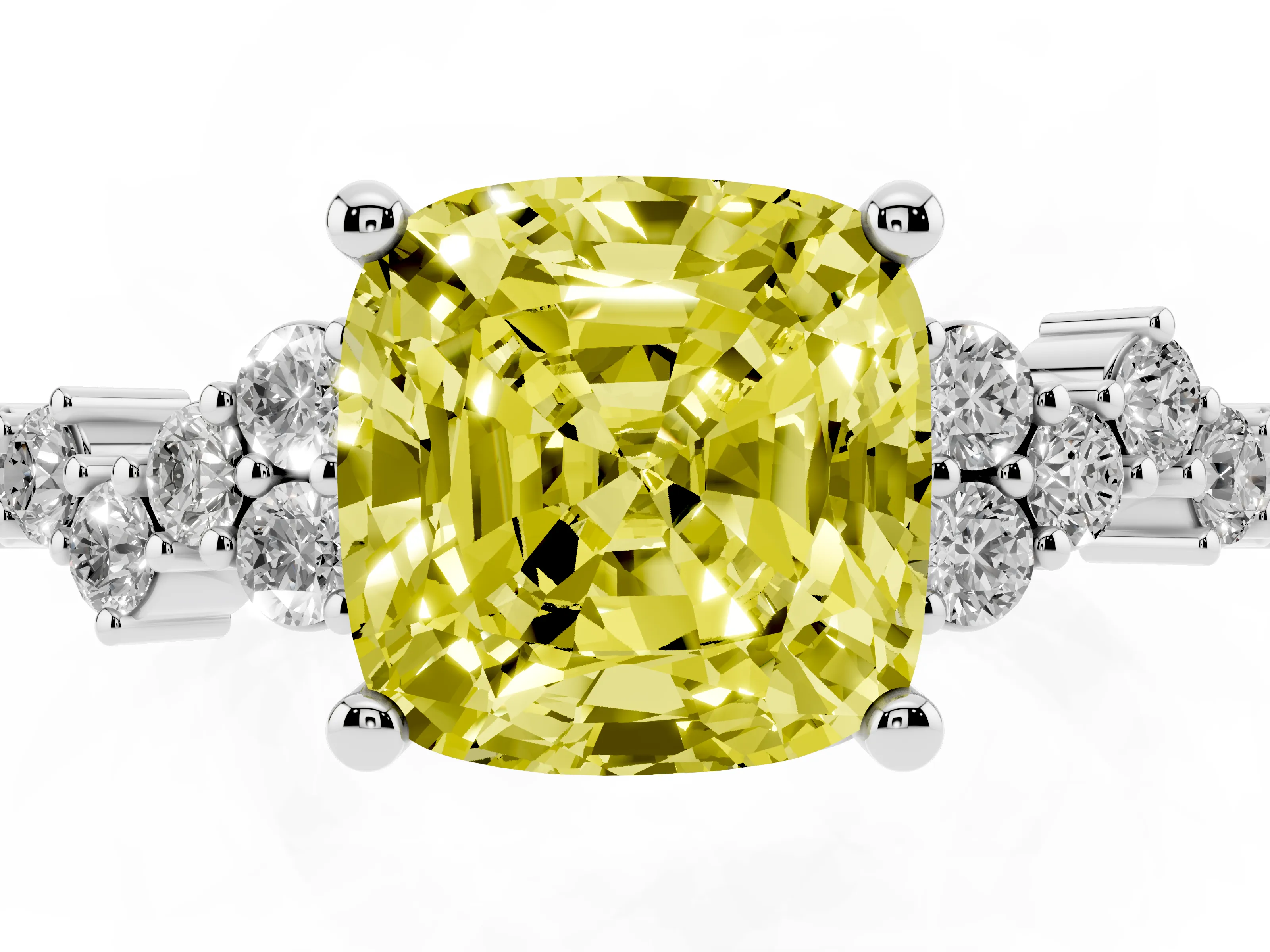 Fancy Yellow Cushion Cut Diamond Ring Set in White gold with Scattered Round Accents