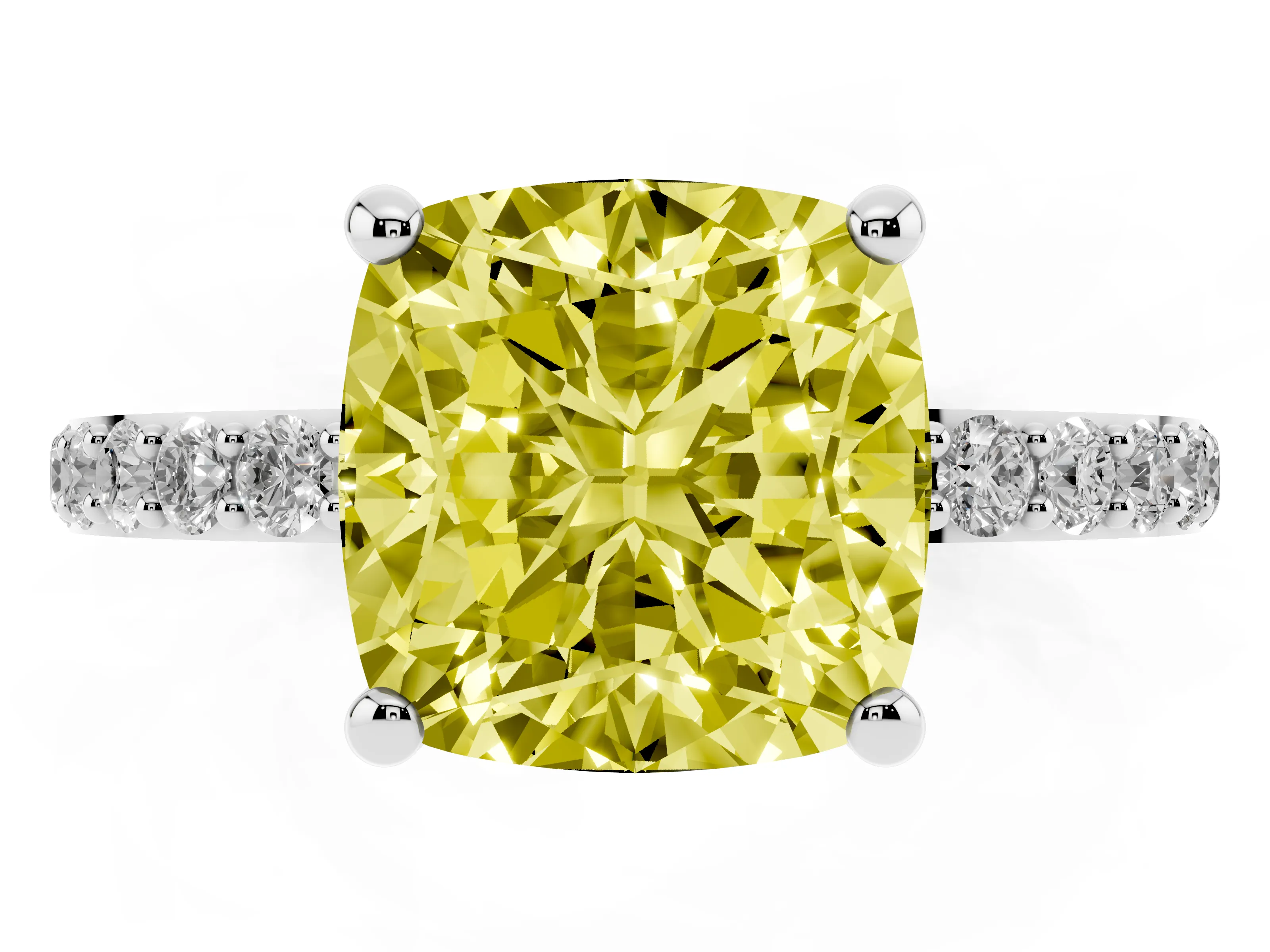 Fancy Yellow Cushion Cut Diamond Solitaire Ring Set in Silver with Round Pavé Band and Prong Setting