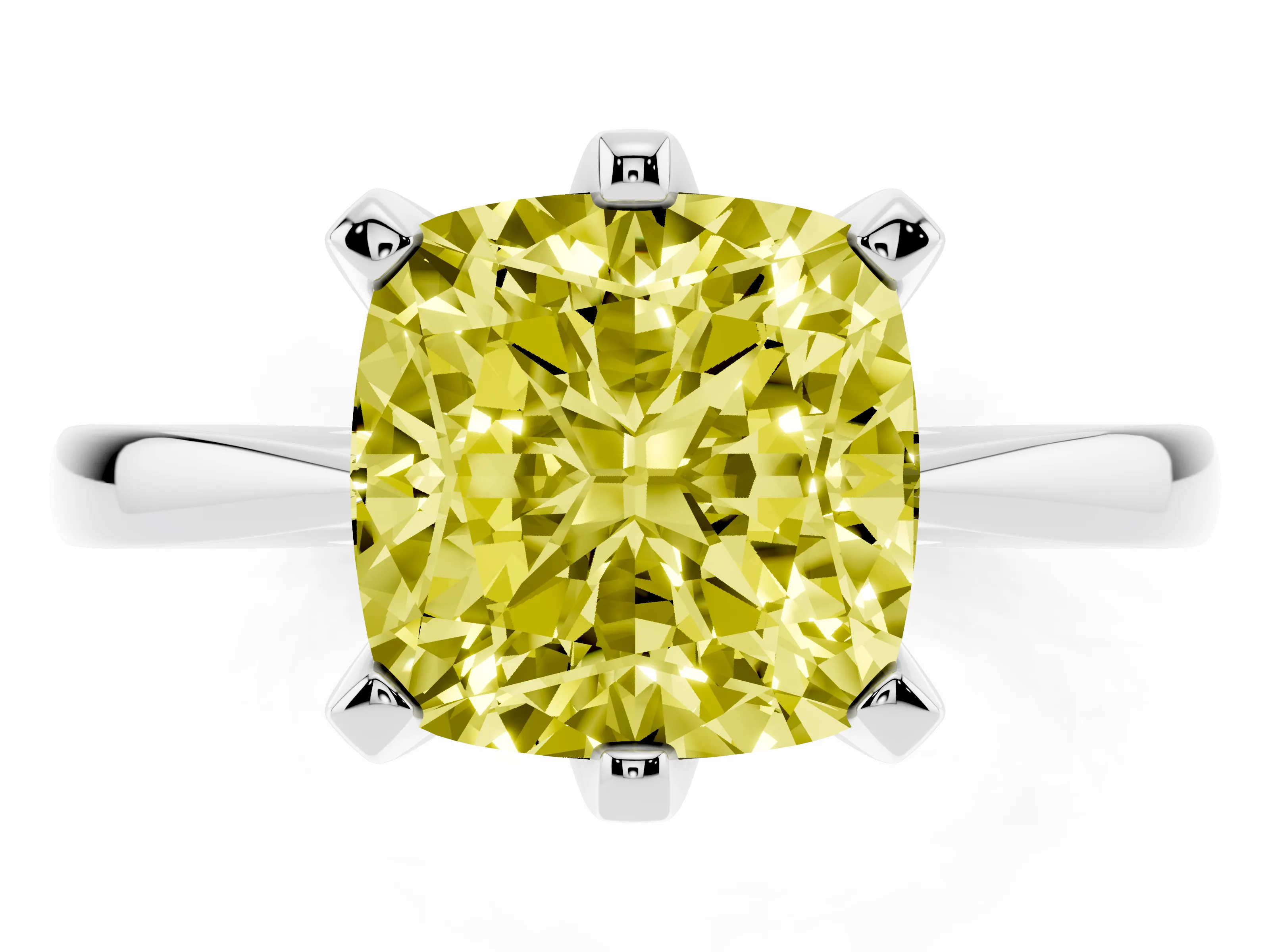 Fancy Yellow Cushion Cut Diamond Solitaire Engagement Ring Set in Platinum with Slim Tapered Solitaire Band