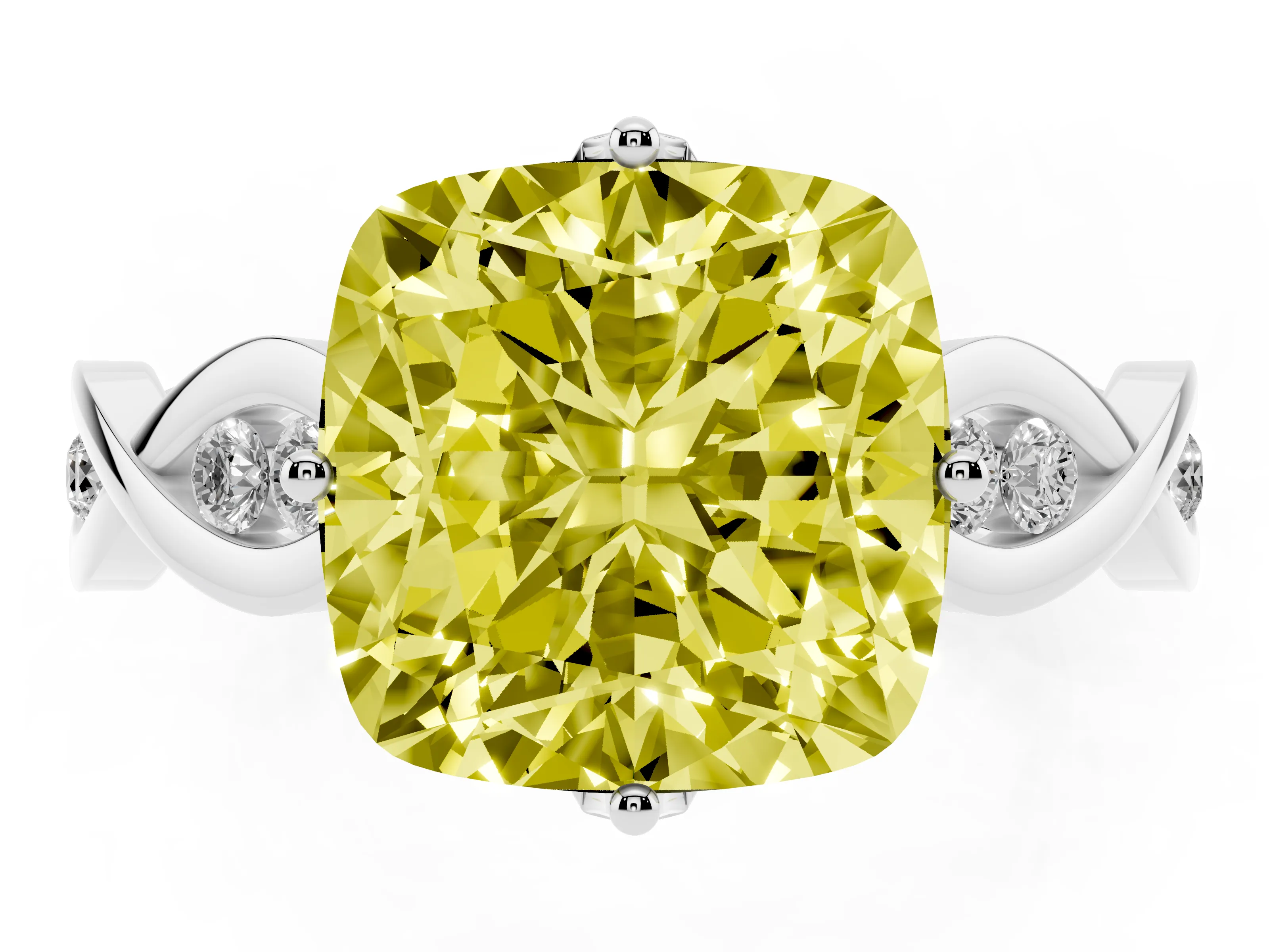 Fancy Yellow Cushion Cut Diamond Twist Band Solitaire Ring Set in Platinum with Leaf Prong Setting and Accent Stones