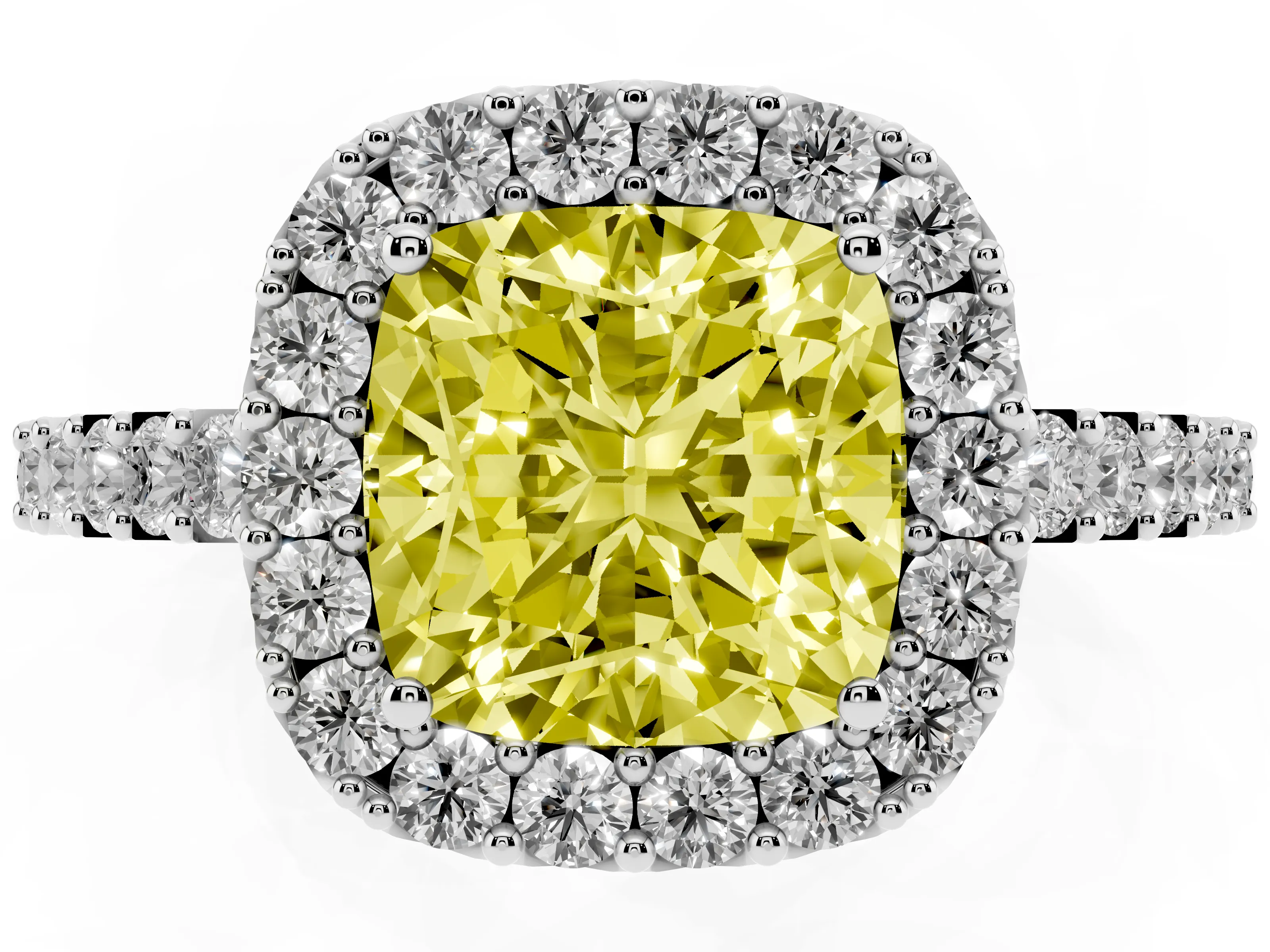 Fancy Yellow Cushion Cut Diamond Halo Pavé Solitaire Ring Set in Silver with Prong-Set Center Stone