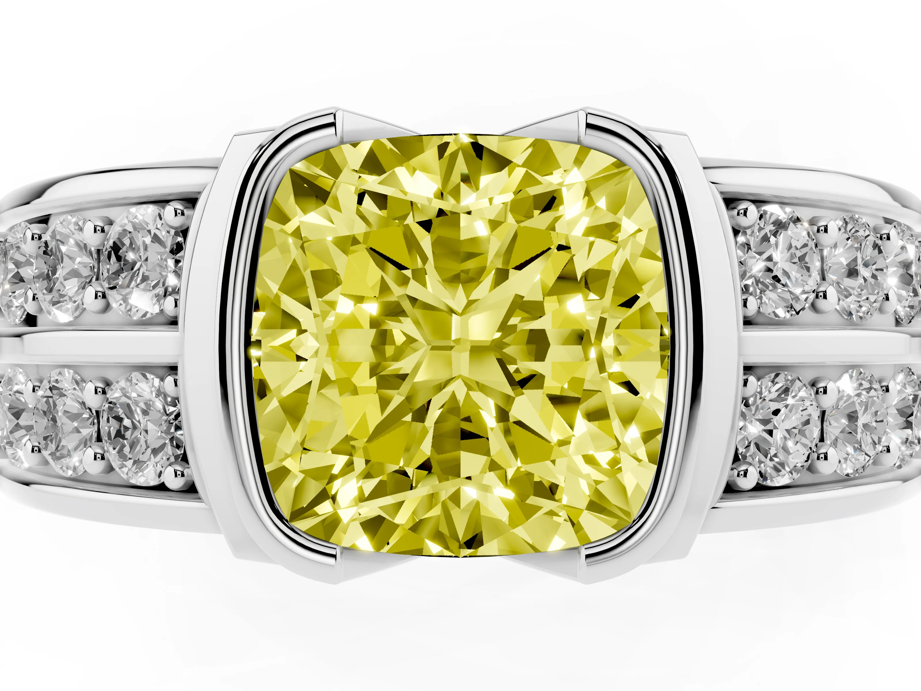 Fancy Yellow Cushion Cut Diamond Wide Channel Set Band Ring Set in Silver with Bezel Setting