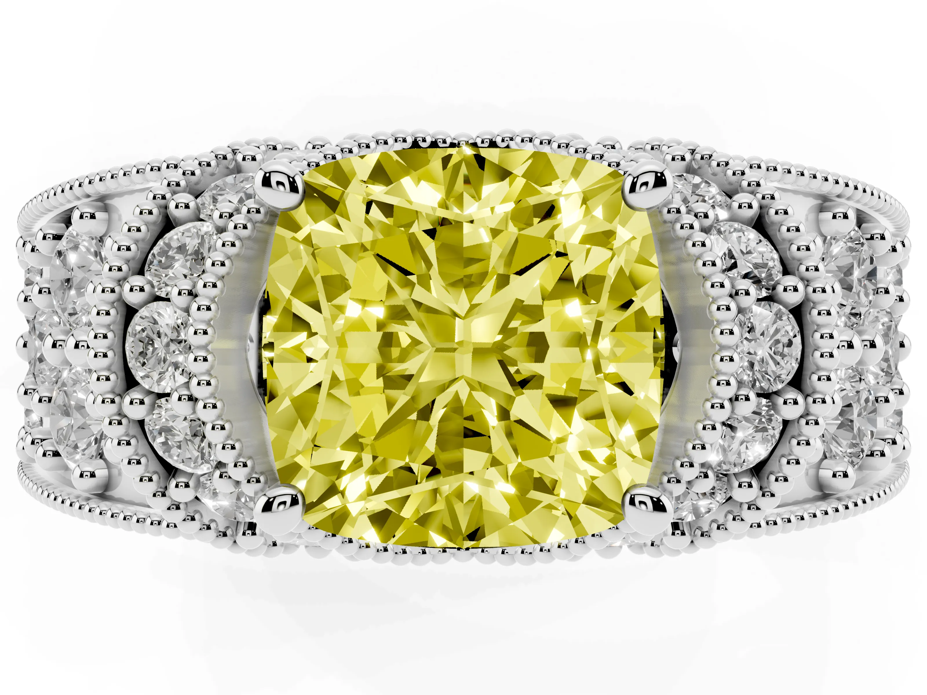 Fancy Yellow Cushion Cut Diamond Milgrain Halo Pavé Engagement Ring Set in Silver with Prong Setting