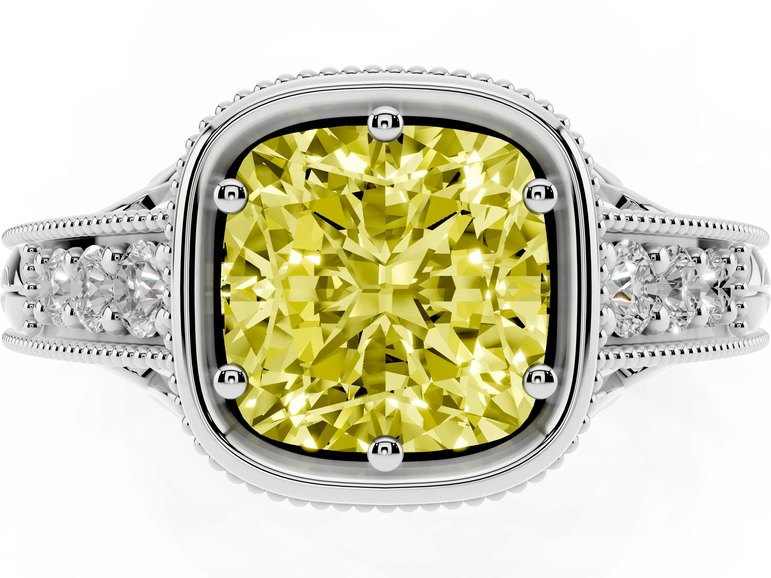 Fancy Yellow Bezel Set Cushion Cut Diamond Milgrain Pavé Engagement Ring Set in White gold