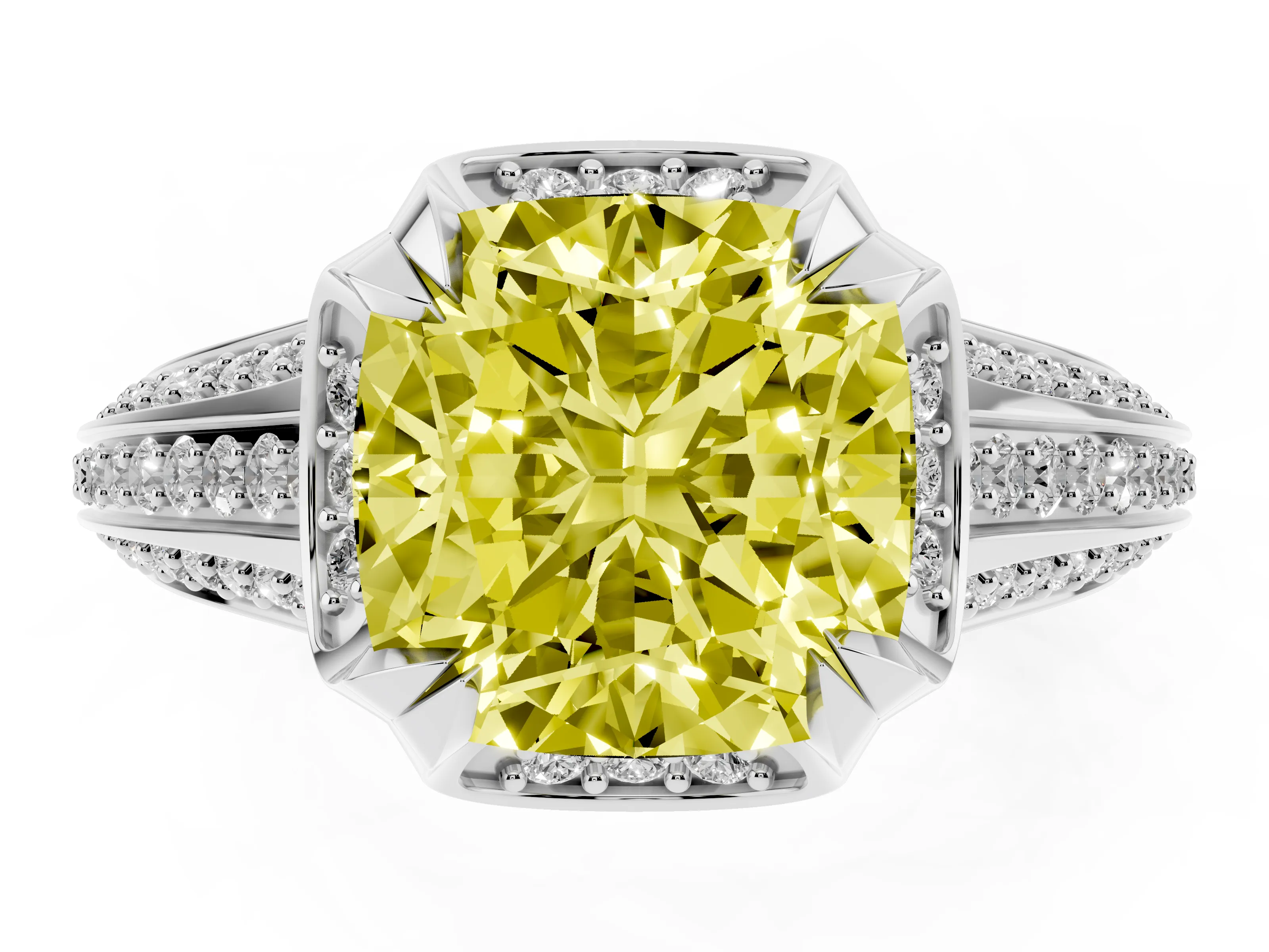 Fancy Yellow Cushion Cut Diamond Pavé Split Shank Solitaire Ring Set in White gold with Prong Setting