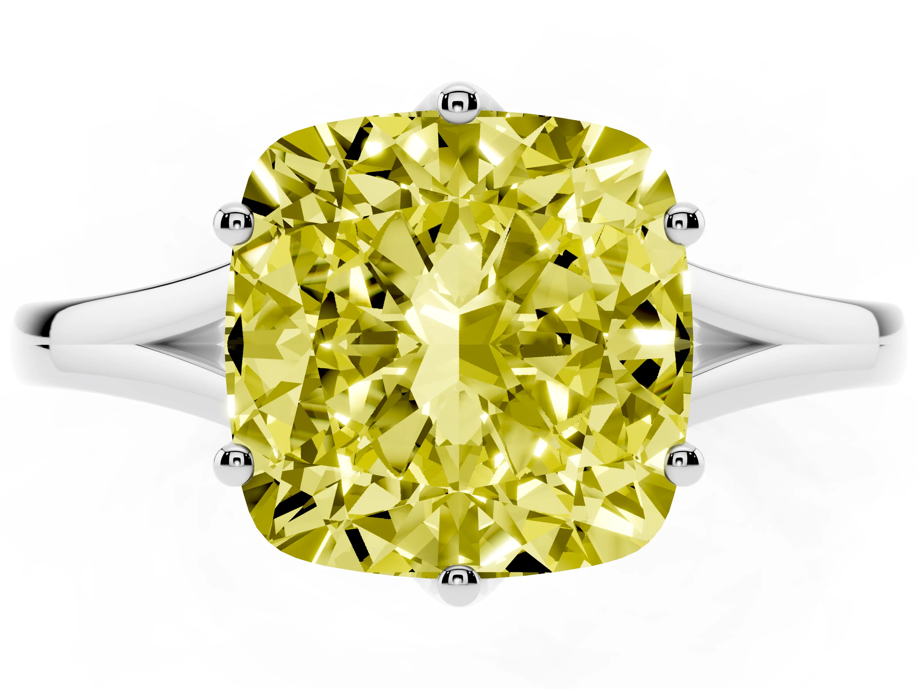 Fancy Yellow Cushion Cut Diamond Solitaire Ring Set in White gold with Polished Tapered Band and Prong Setting