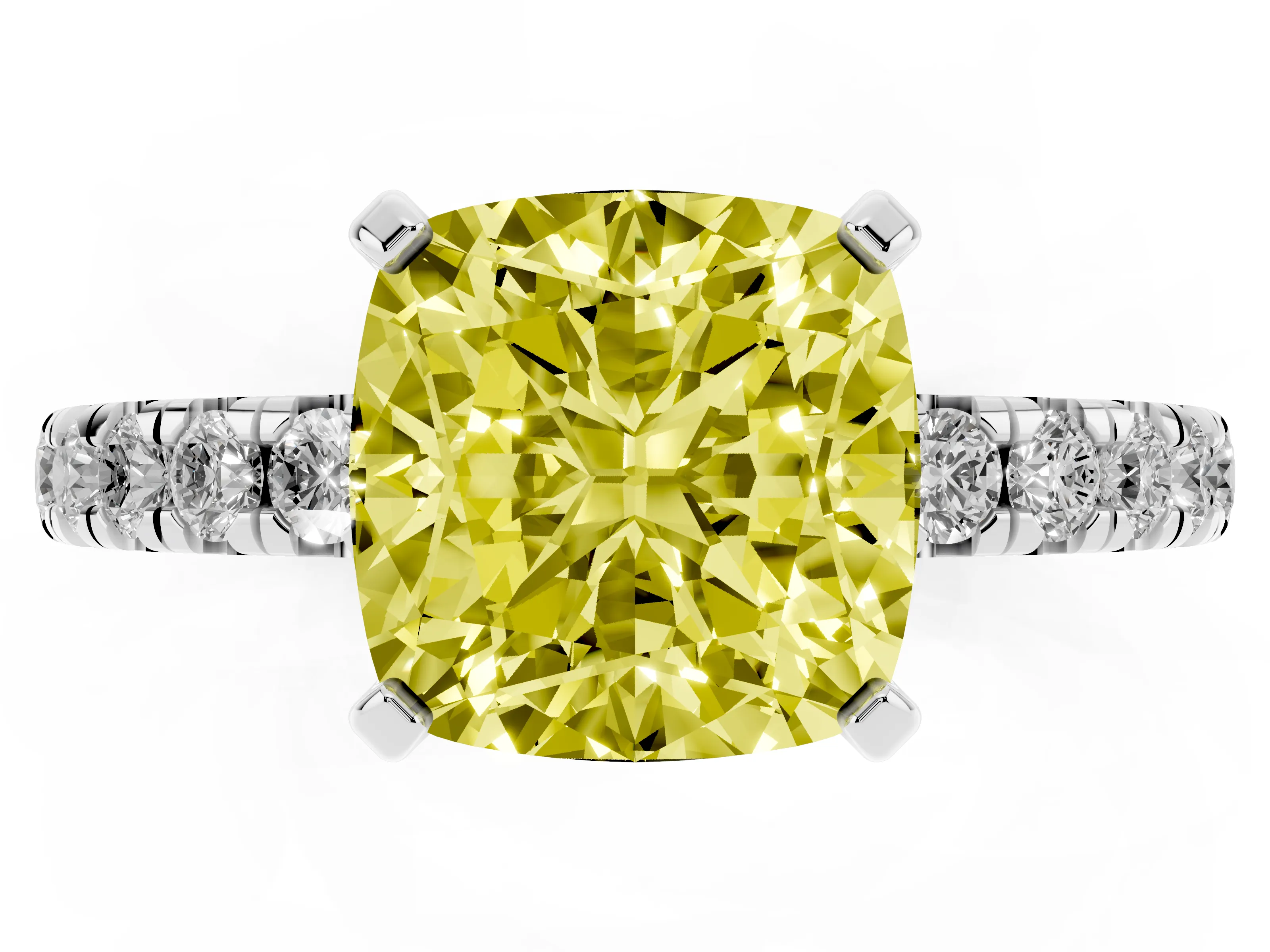 Fancy Yellow Cushion Cut Diamond Pavé Solitaire Ring Set in White gold with Round Band and Prong Setting