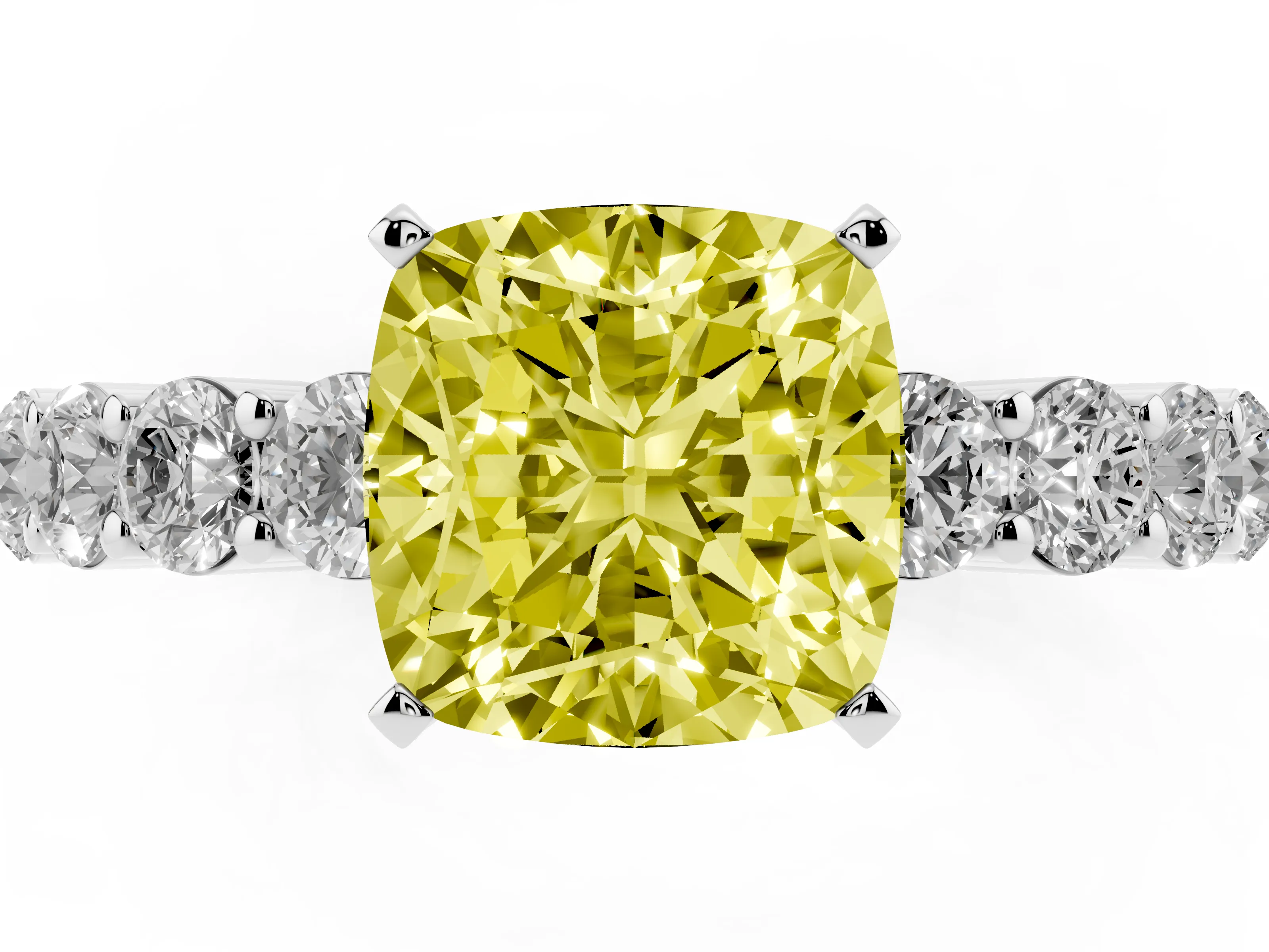 Fancy Yellow Cushion Cut Diamond Solitaire Ring Set in Silver with Shared Prong Round Side Stones