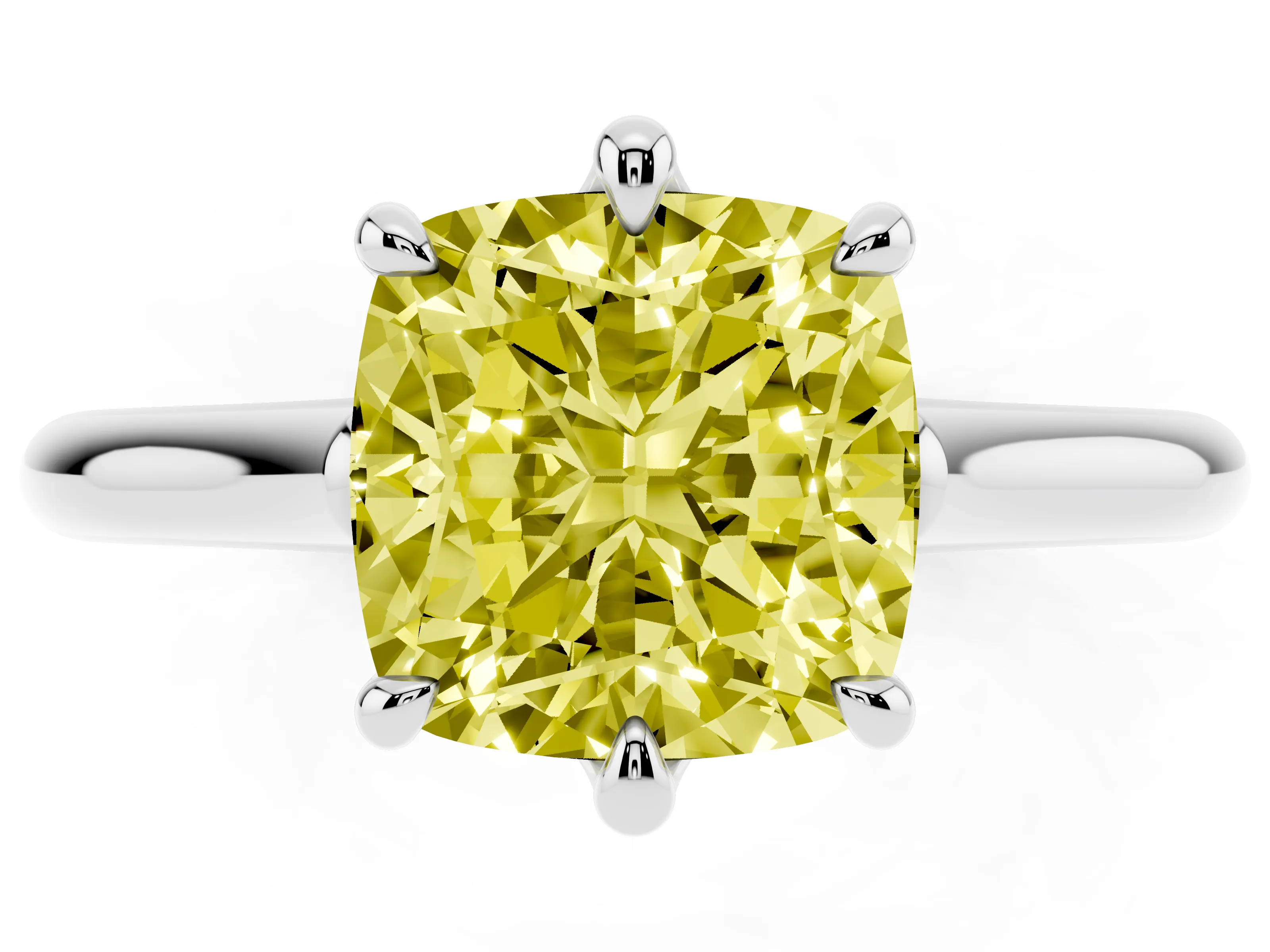 Fancy Yellow Cushion Cut Diamond Solitaire Engagement Ring Set in Platinum with Prong Setting and Plain Classic Band
