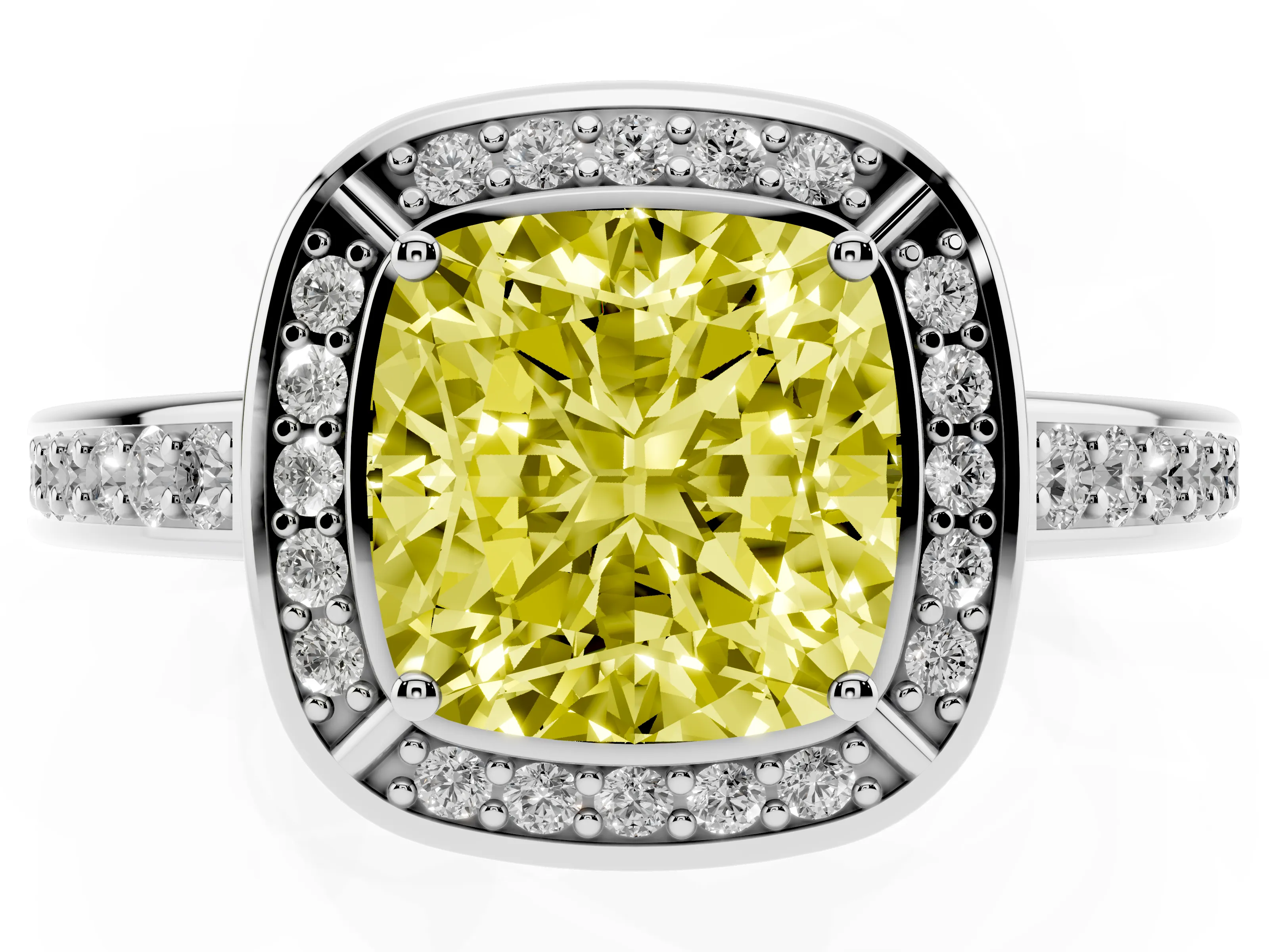 Fancy Yellow Cushion Cut Diamond Halo Pavé Split Shank Ring Set in Silver with Prong Setting