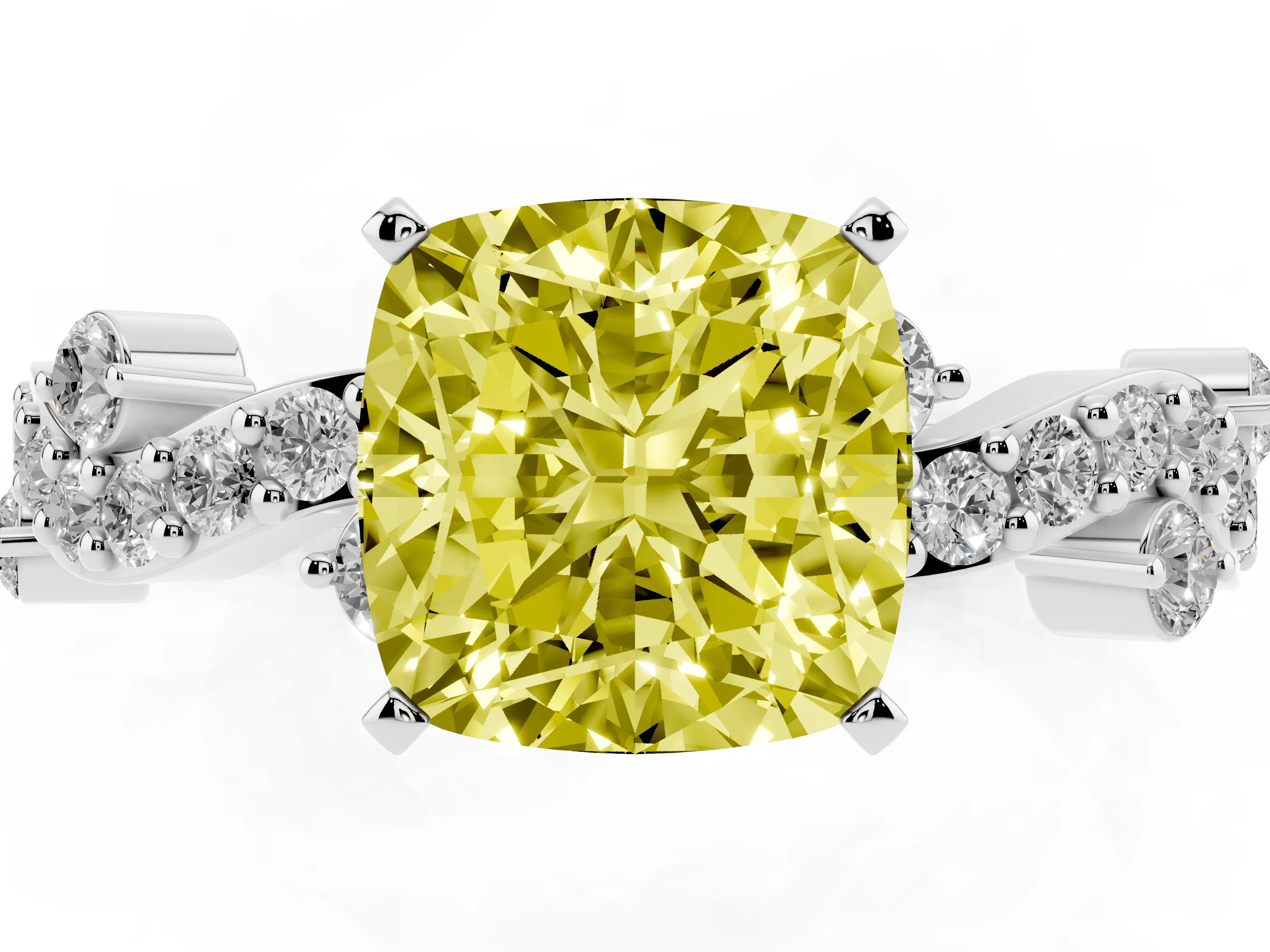Fancy Yellow Cushion Cut Diamond Solitaire Twisted Band Set in White gold with Pavé Setting