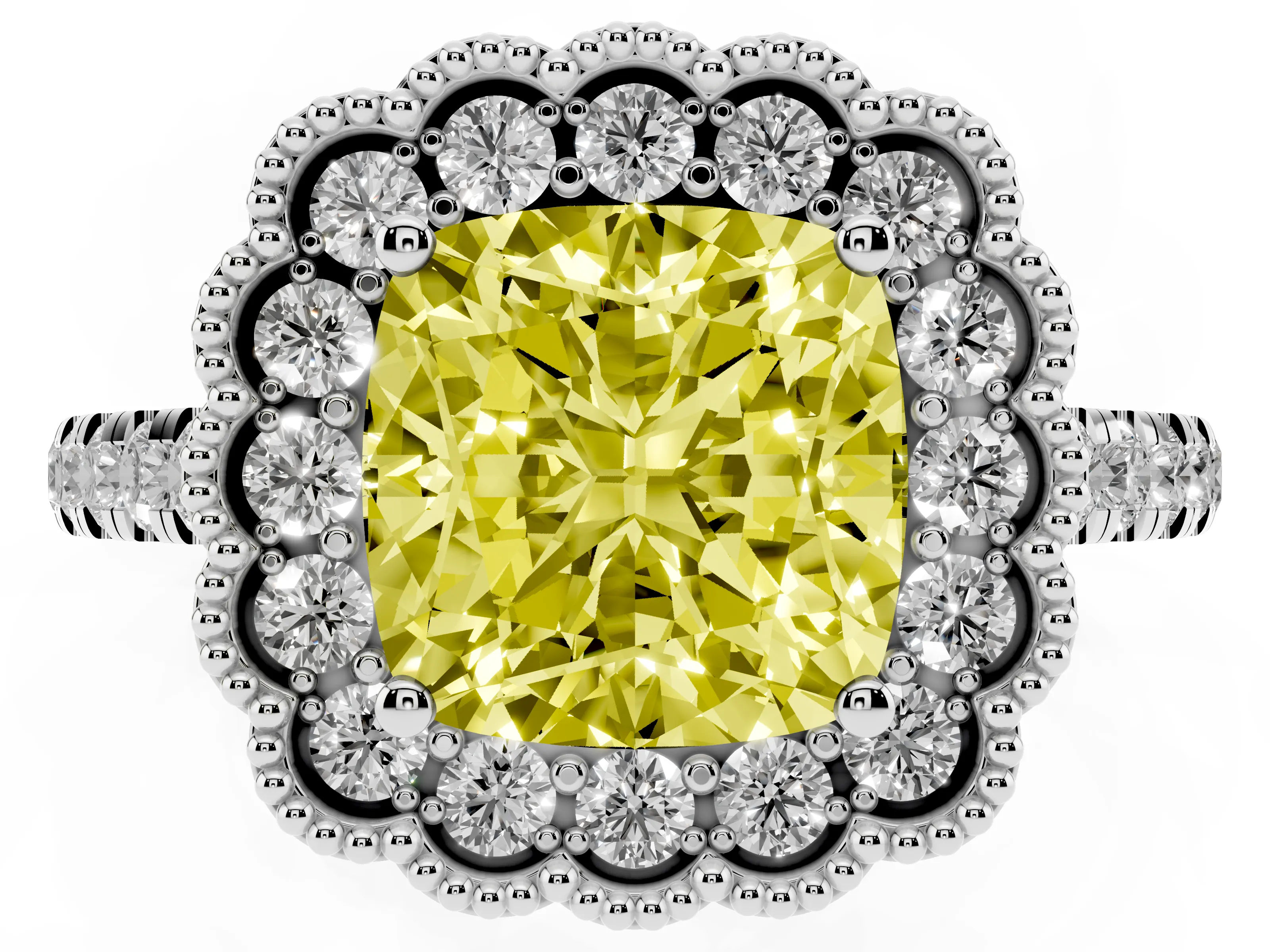 Fancy Yellow Cushion Cut Diamond Milgrain Floral Halo Engagement Ring Set in White gold with Pavé Band
