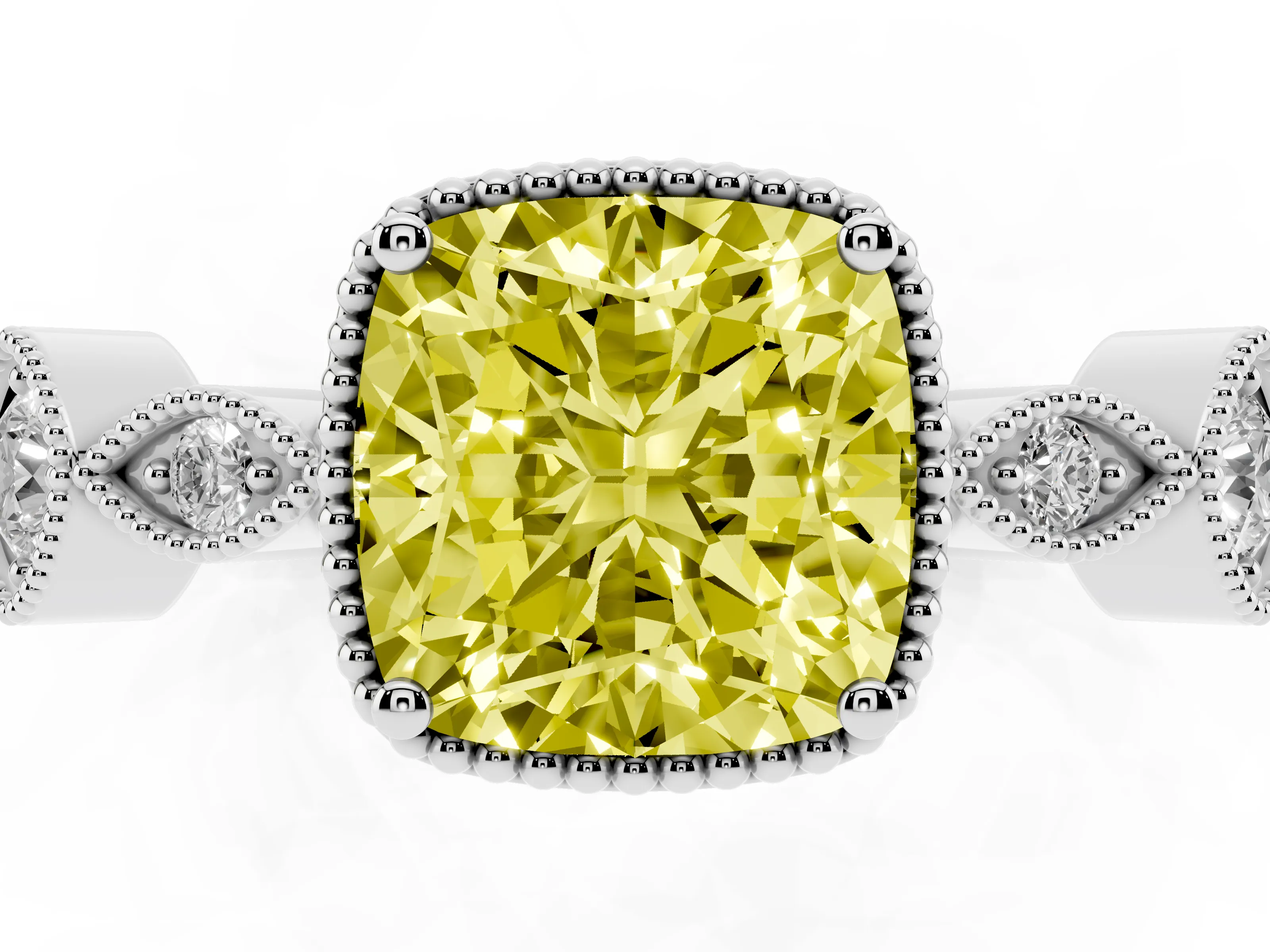 Fancy Yellow Cushion Cut Diamond Vintage-Inspired Milgrain Ring Set in White gold with Marquise Stations of Round Accents