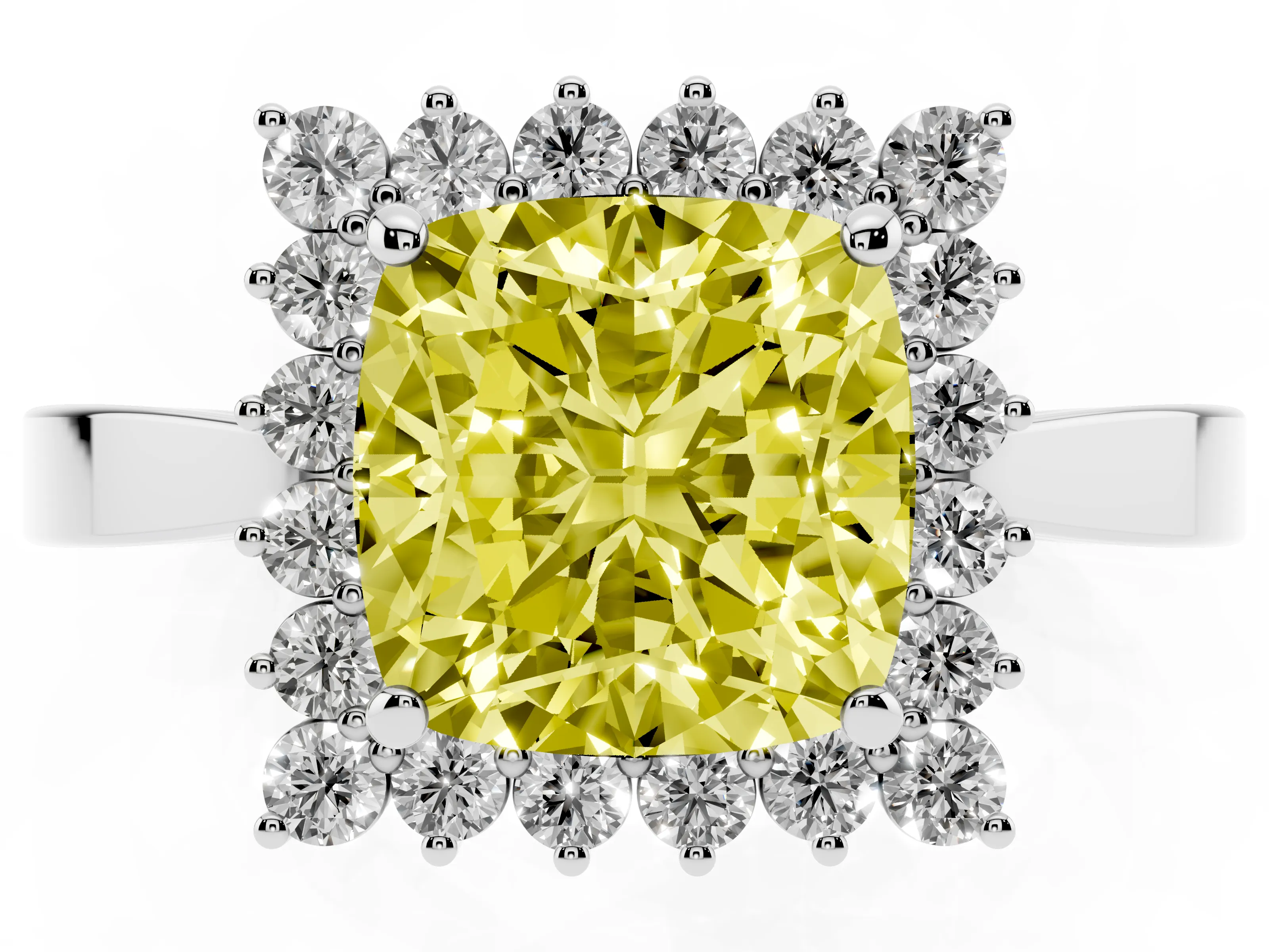 Fancy Yellow Cushion Cut Diamond Halo Ring Set in Silver with Round Halo and Smooth Solitaire Band
