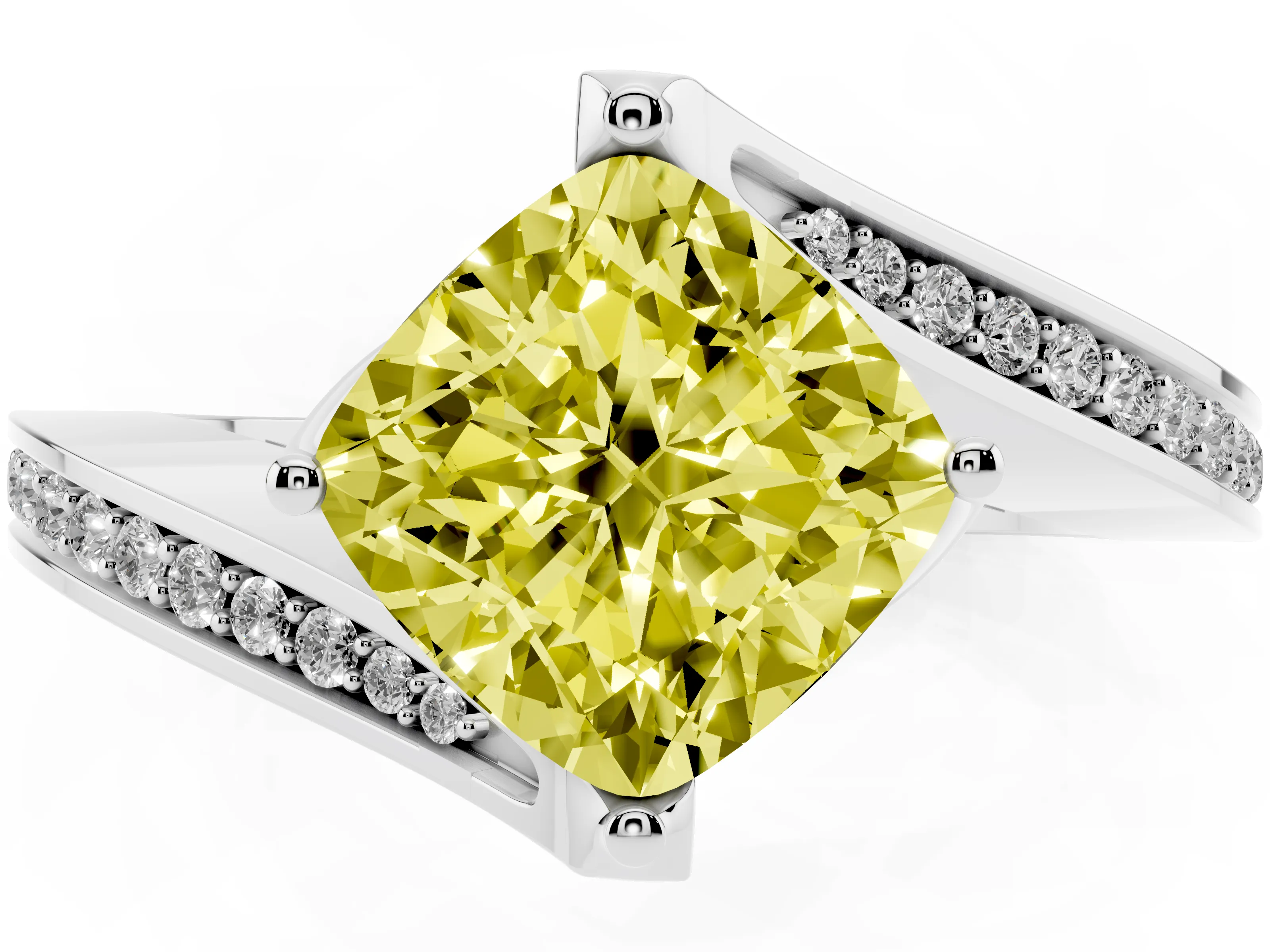 Fancy Yellow Cushion Cut Diamond Solitaire Ring Set in Silver with Intertwined Pavé Twist Band